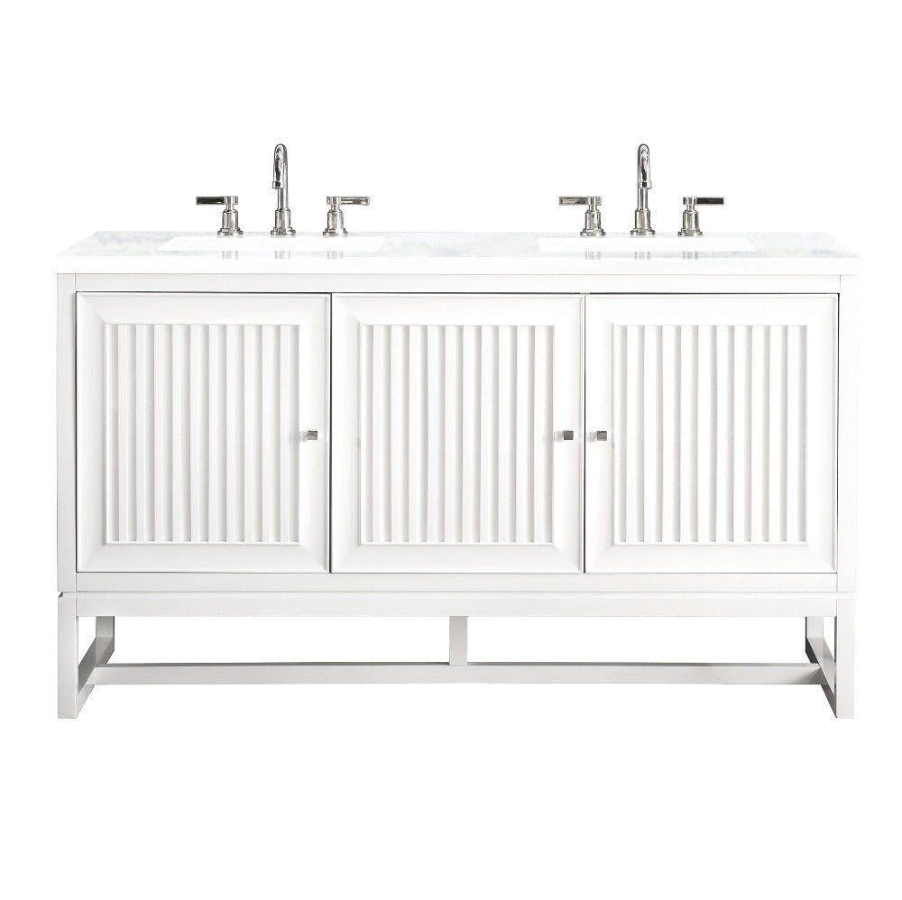 James Martin Vanities Athens Collection 60-Inch Double Bathroom Vanity in Glossy White with Solid Surface Countertop - Modern Bathroom Furniture for Master Bath & Guest Bath Remodeling
