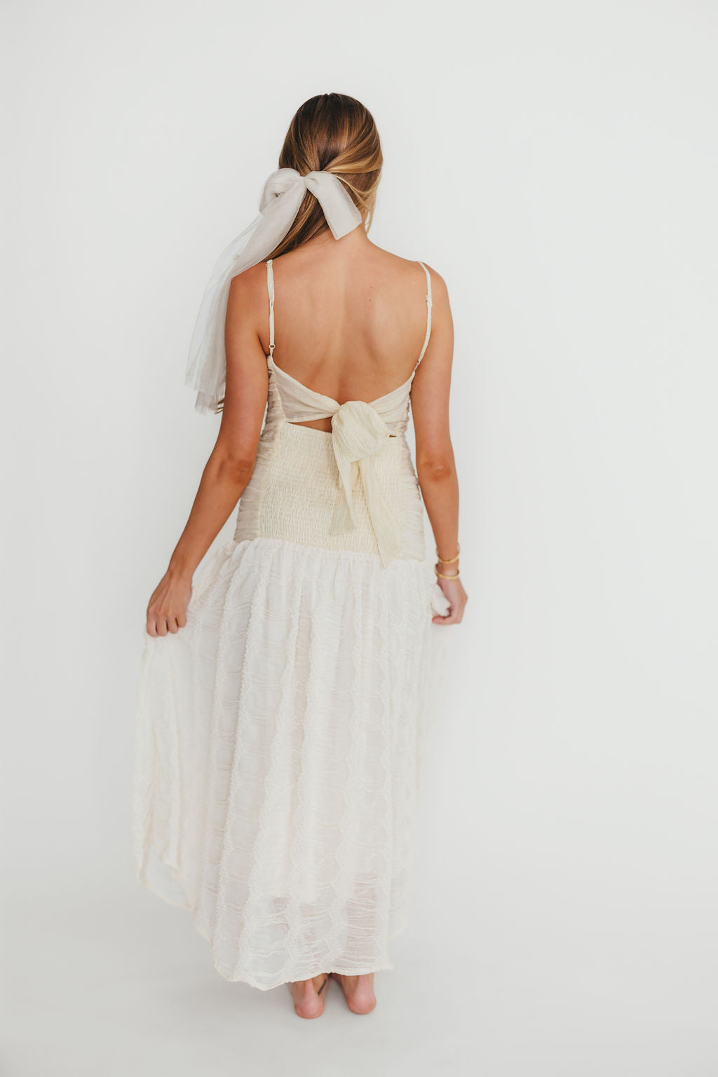 Rosie Ruched Maxi Dress with Bow Back Detail - Cream Elegant Formal Evening Gown for Weddings, Parties & Special Occasions