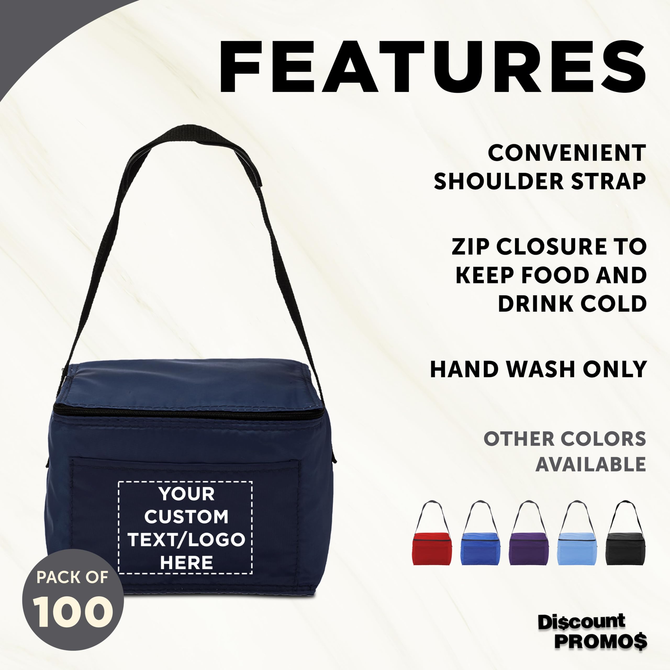 Custom Small Insulated Lunch Bags Bulk Pack of 100 - Personalized Navy Blue Cooler Bags Holds 6 Cans | Perfect for Office Lunch, School Meals, Picnics, Beach Trips & Outdoor Activities