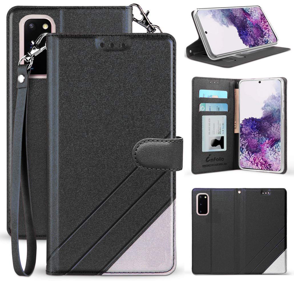 Premium Wallet Case for Samsung Galaxy S20 with Credit Card Slots, ID Holder & Kickstand - Includes Wrist Strap Lanyard | Perfect for Hands-Free Viewing, Secure Card Storage & Everyday Protection (Black)
