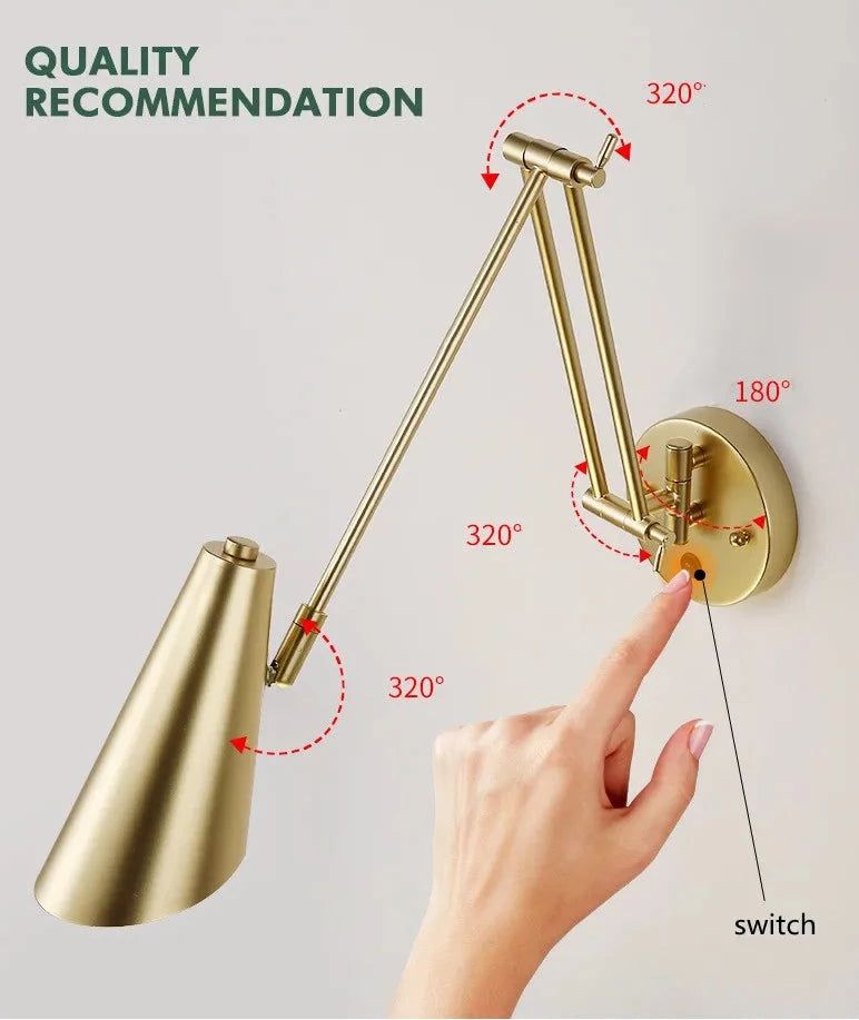Long Arm Swing Wall Lamp with Internal Touch Sensor - Modern Dimmable LED Light for Bedroom, Living Room, and Hallway