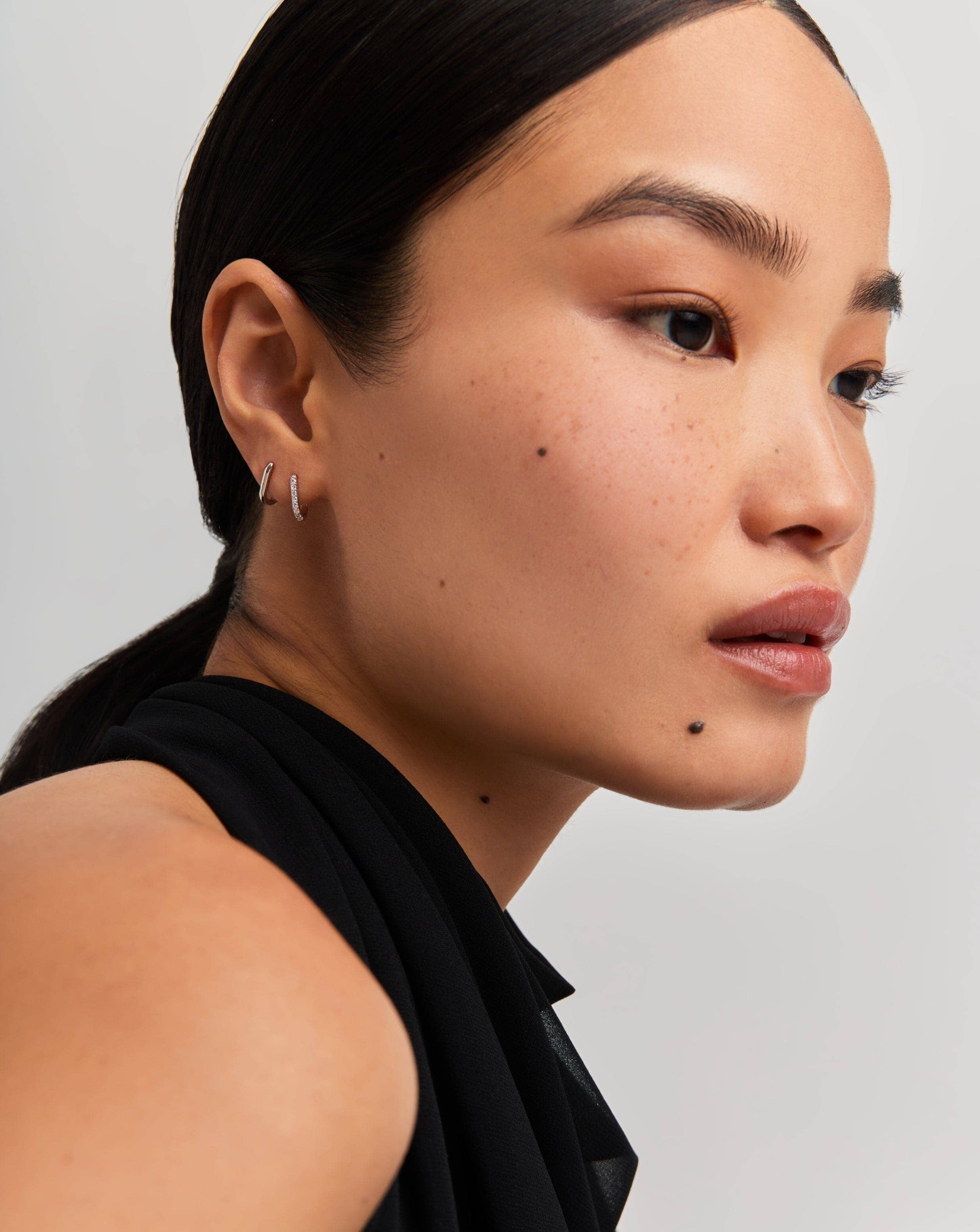 14k Solid White Gold Diamond Ovate Mini Hoop Earrings | Elegant Everyday Jewelry for Women | Perfect for Work, Date Night & Special Occasions