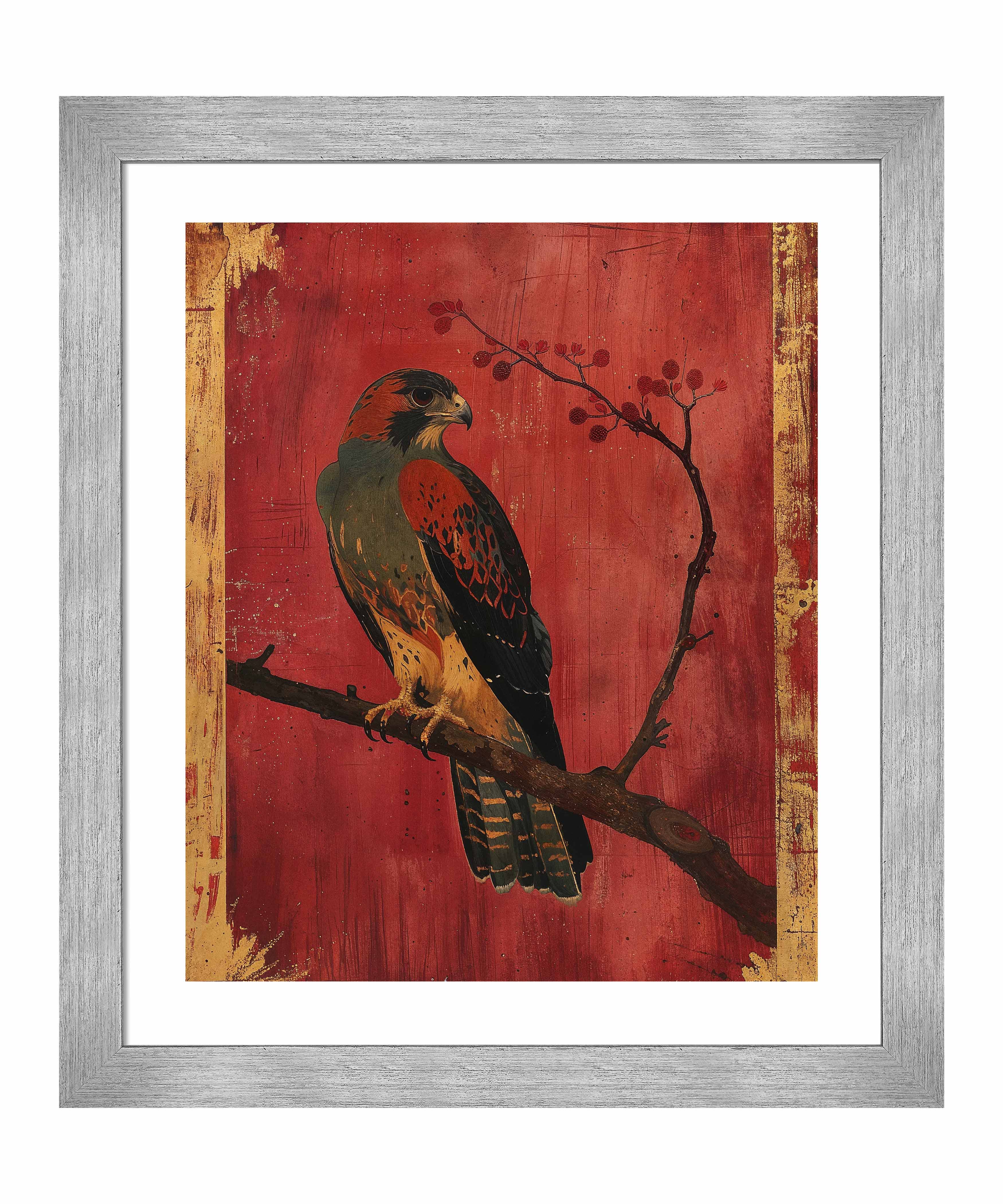 Crimson Majesty Falcon of the Silk Road Art Prints - Elegant Wall Decor for Living Room, Bedroom & Office | Historical Silk Road Inspired Artwork