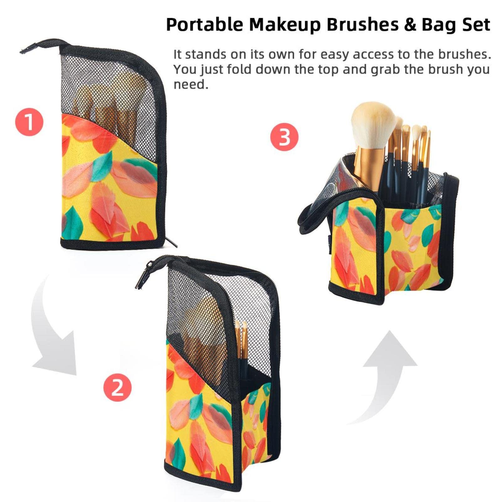 Portable Makeup Brush Organizer Bag with 12 Slots - Colorful Feather Design Travel Makeup Brush Holder Case for Professional Artists & Beginners - Perfect for Travel, Home Vanity & Salon Use