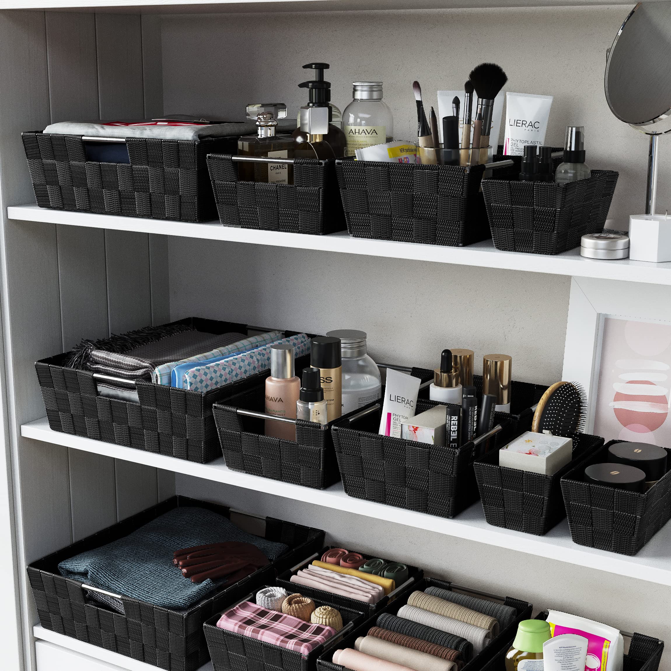 NEATERIZE Closet Organizer Baskets - Set of 9 Black Storage Bins for Laundry, Baby Clothes, Nursery, Linen Closet & Pantry Organization | Perfect for Shelves, Drawers & Home Storage Solutions