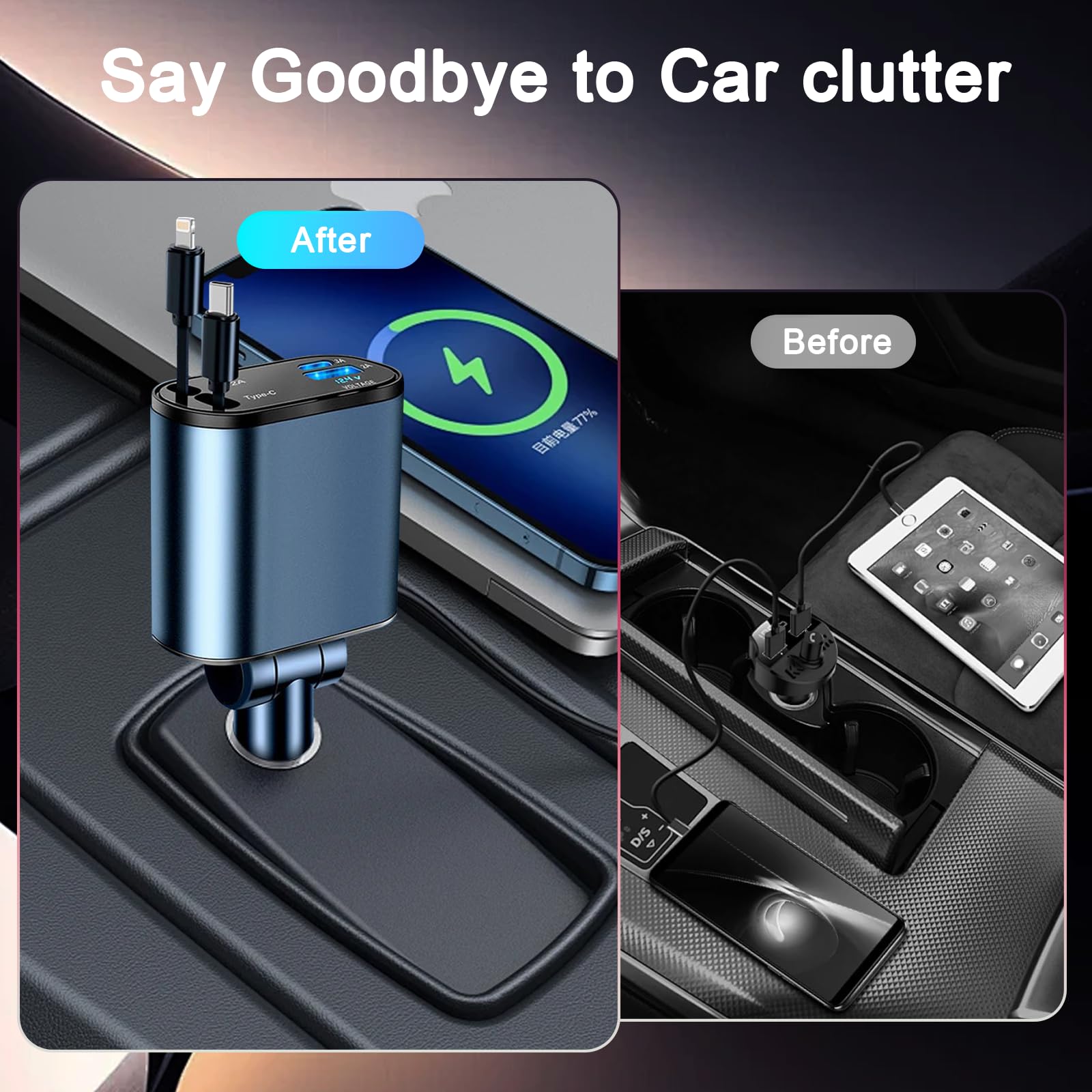 4-in-1 Retractable Fast Car Charger 30W - Dual USB-C Car Phone Charger Adapter for iPhone 16/15/14/13/12/Pro Max, iPad, Samsung Galaxy S25/S24/S23, MacBook & Laptops - Perfect for Road Trips & Commuting (Black)