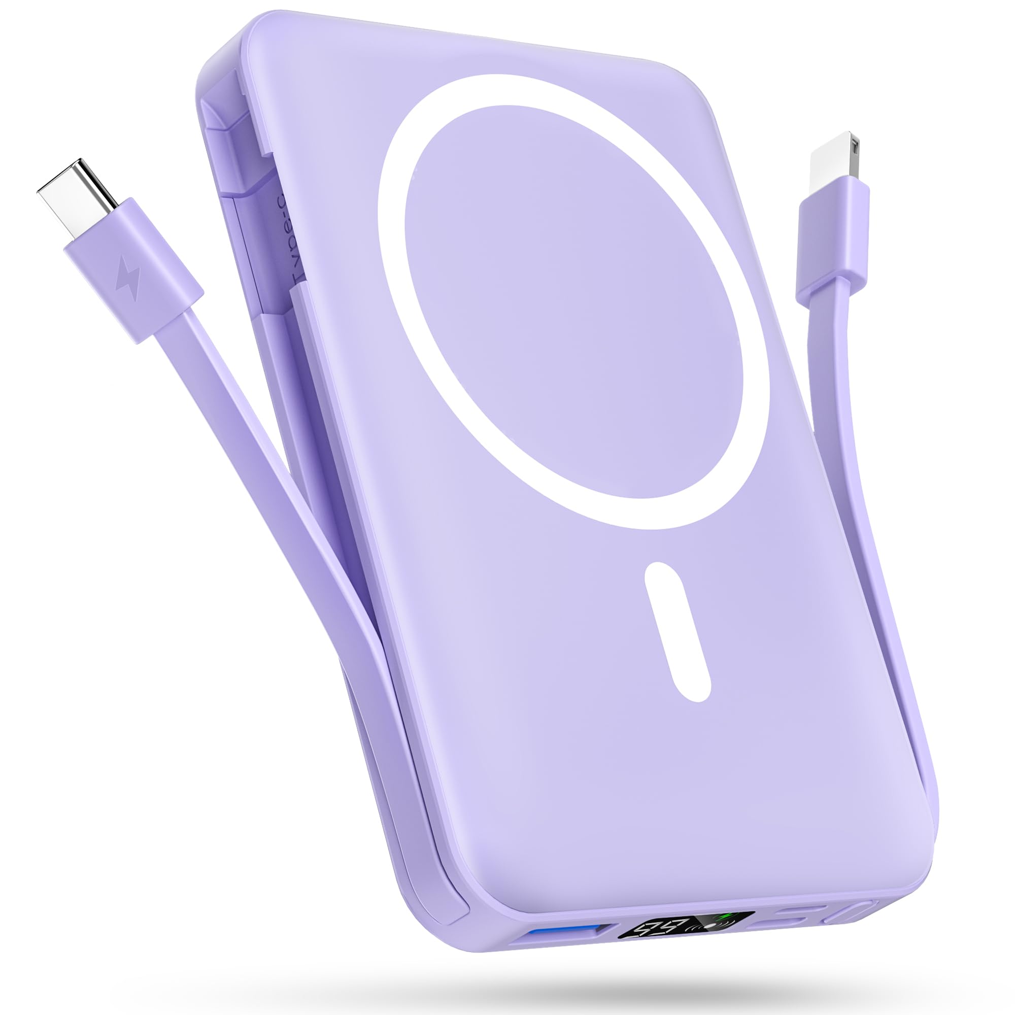 10000mAh Magsafe Magnetic Power Bank with Built-in USB-C & Lightning Cables | 22.5W PD Fast Charging | LED Display | Wireless Portable Charger for iPhone 16/15/14/13/12/Pro/Pro Max (Purple) | Perfect for Travel, Work & Outdoor Activities