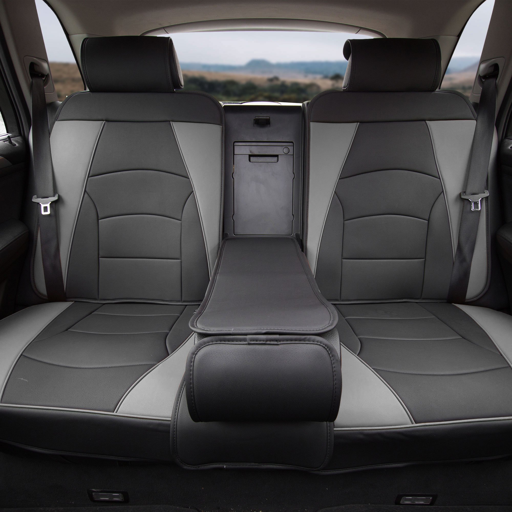 TLH Ultra Comfort Leatherette Bench Seat Cushions - Gray & Black Universal Fit for Cars, Trucks & SUVs | Premium Car Accessories for Long Drives & Road Trips