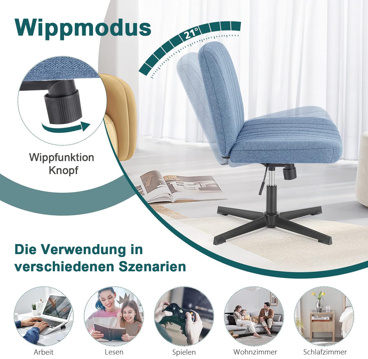 DUMOS Criss Cross Legged Office Chair - Armless Wide Seat No Wheels, Adjustable Height Swivel Fabric Chair for Home Office, Bedroom & Vanity - Modern Comfortable Seating for Work & Relaxation
