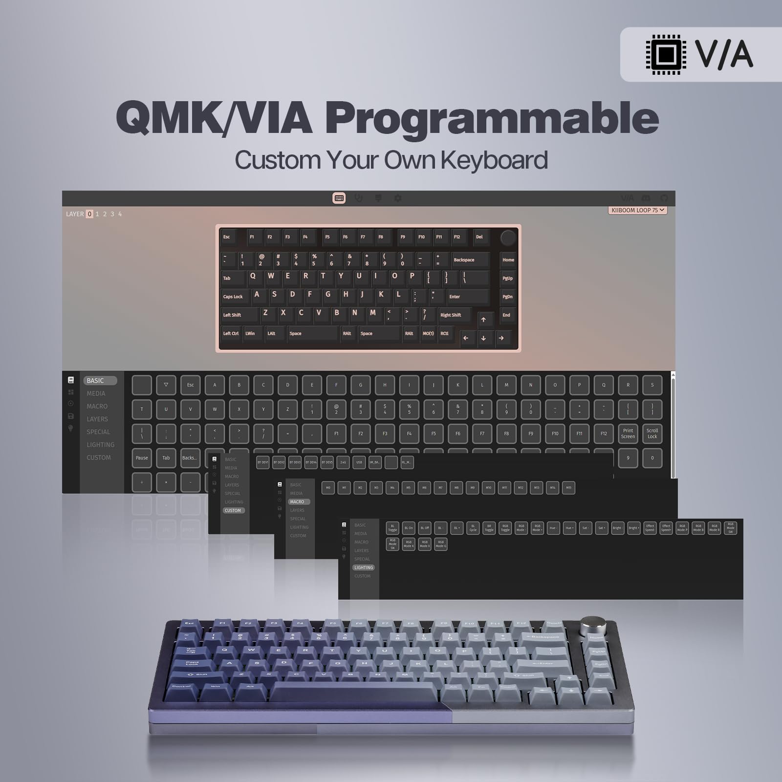 KiiBoom Loop 75 75% Wireless Mechanical Keyboard - Full Aluminum Body, QMK/VIA Programmable, Bluetooth 5.0/2.4GHz/USB-C, Gasket Mount, FR4 Plate, RGB Backlit for Windows/Mac (Blue) - Perfect for Gaming, Coding & Office Work