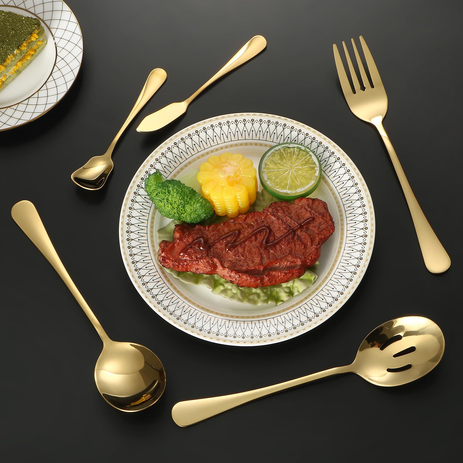 53-Piece Gold Silverware Set for 8 - Premium 18/10 Stainless Steel Flatware Set with Steak Knives & 5-Piece Serving Utensils - Elegant Cutlery Set for Restaurants, Hotels & Home Dining - Dishwasher Safe - Perfect for Dinner Parties, Weddings & Formal Events