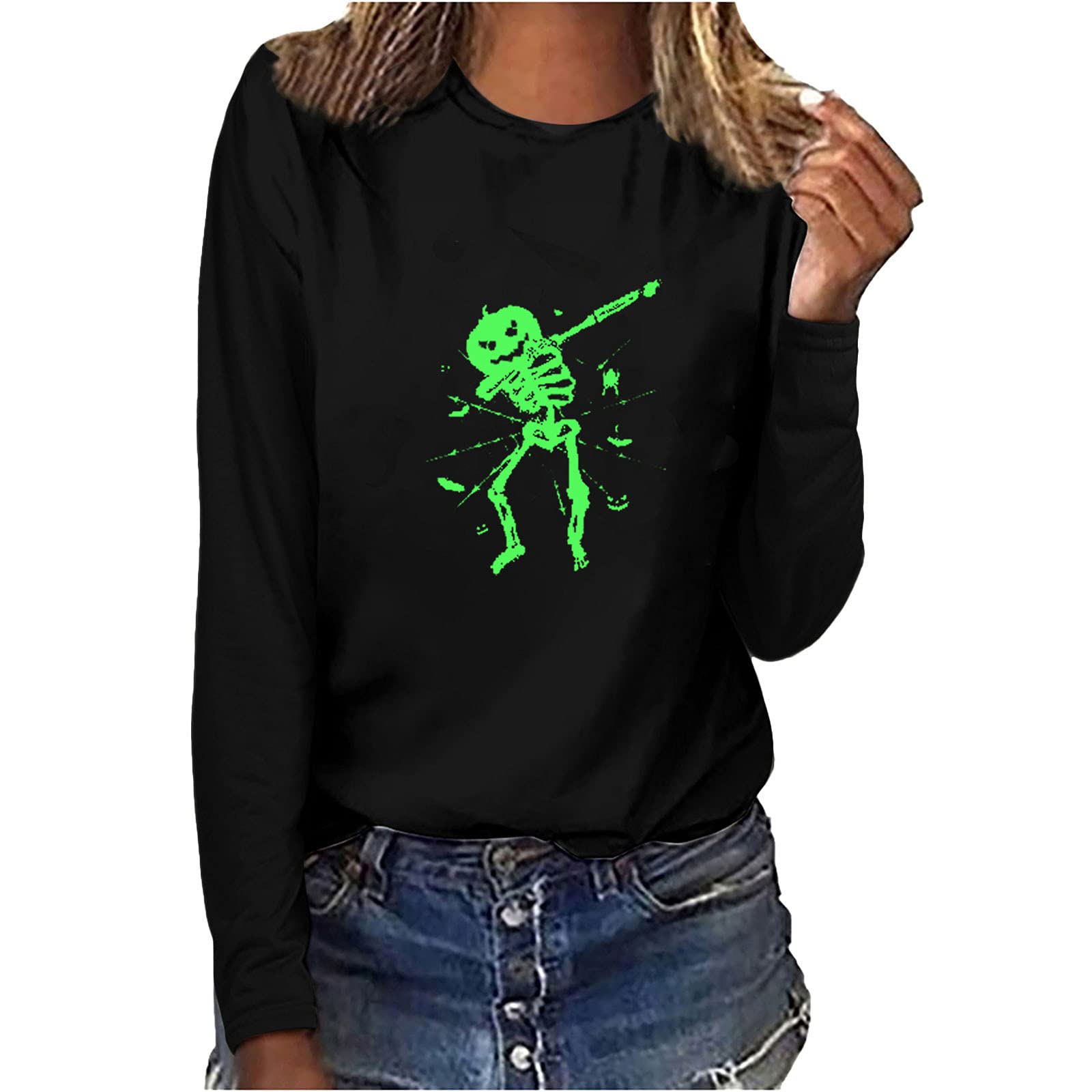 Glow in the Dark Halloween T-Shirt for Women - Fluorescent Green Dancing Skeleton Graphic Long Sleeve Top | Perfect for Halloween Parties, Night Events & Themed Costumes
