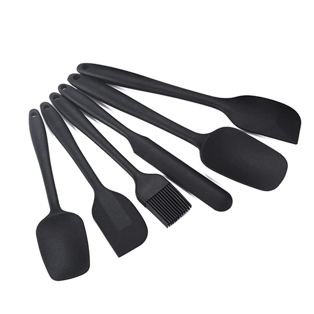 6-Piece Silicone Spatula Set - Heat-Resistant Kitchen Utensils for Baking, Cooking, Cream & Butter Spreading - Includes Scraper & Oil Brush - Perfect for Cake Decorating, Pancake Flipping & Fish Cooking (Black)