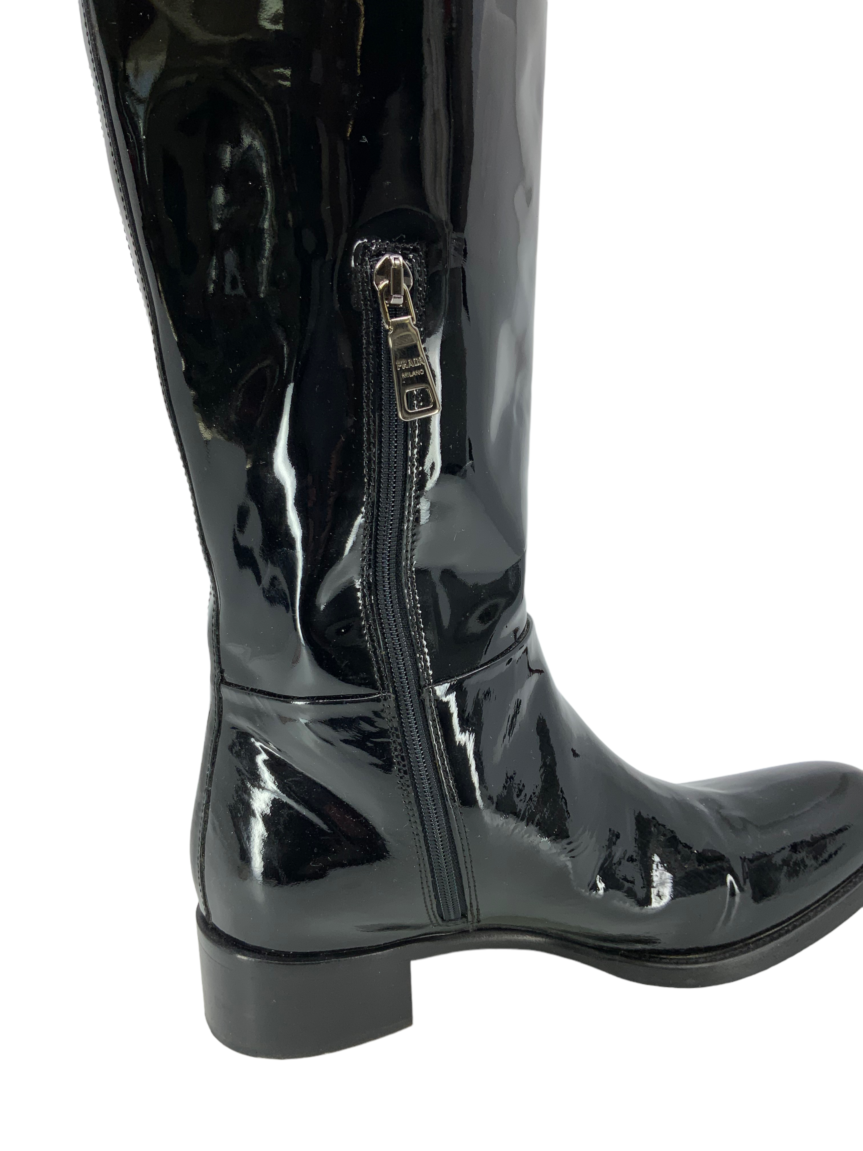 PRADA Patent Leather Mid Calf Boots Women's Size 6.5 - Stylish Knee High Fashion Boots for Office, Party & Winter Outfits