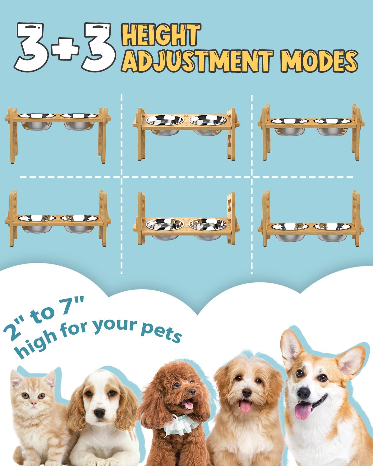 Adjustable Elevated Dog Bowls Stand - Bamboo Raised Pet Feeder with 2 Stainless Steel Bowls & Non-Slip Base for Small Dogs & Cats | Perfect for Kitchen, Living Room or Outdoor Feeding Areas