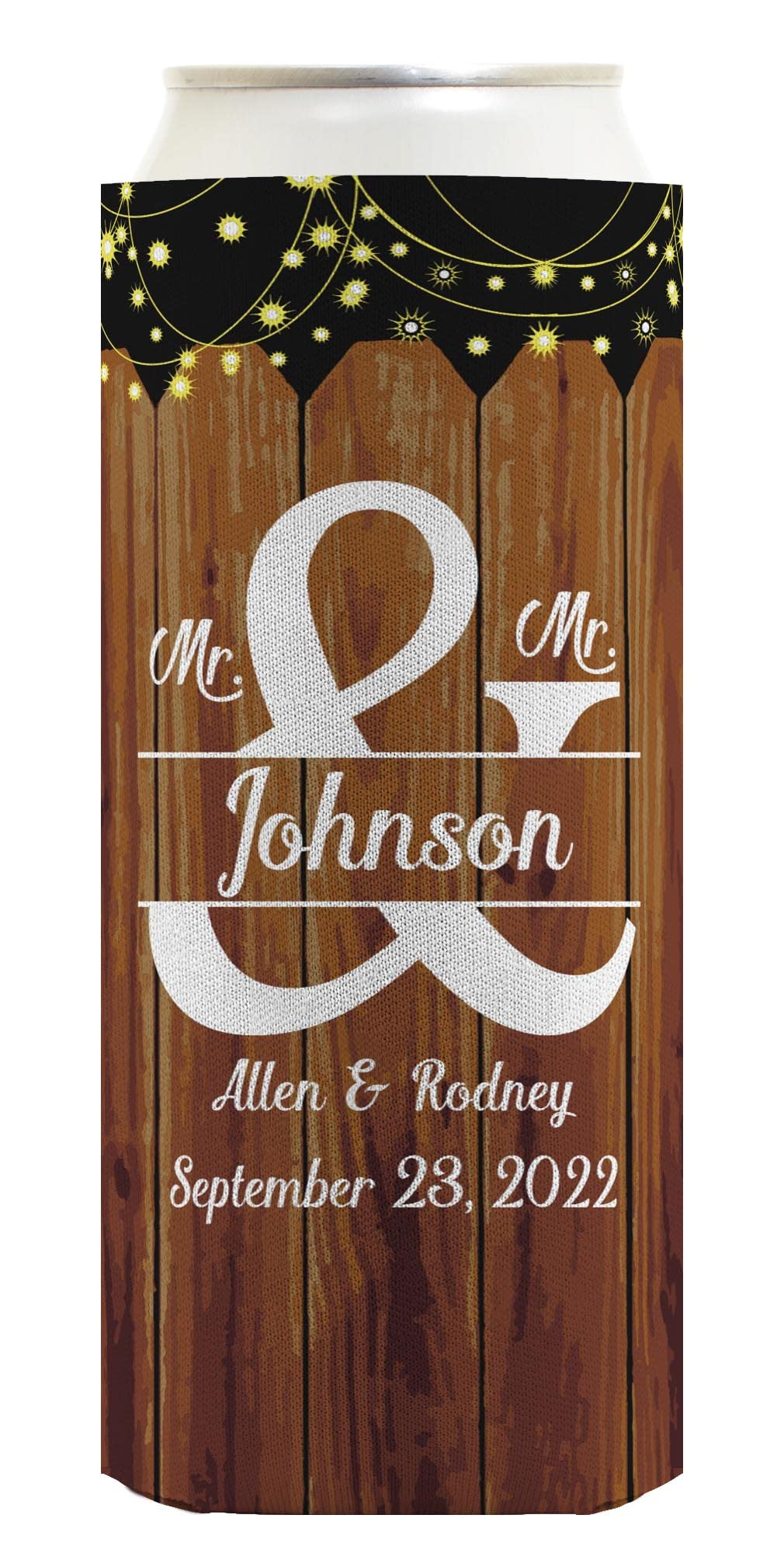 Personalized Mr & Mr Gay Wedding Seltzer Can Coolies - 48-Pack Ultra Slim Customizable Beer Koozies with Names & Date - Perfect for LGBTQ+ Weddings, Bachelorette Parties & Pride Celebrations