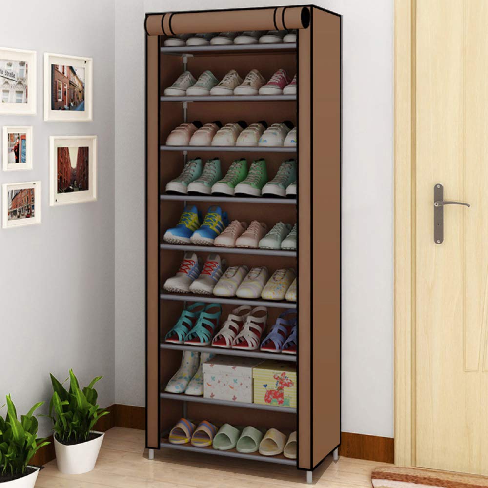 10-Tier Large Shoe Rack Organizer with Dustproof Cover - Space Saving Shoe Storage Cabinet for Entryway, Bedroom & Closet - Non-Woven Fabric Shoe Tower for Dorm, Apartment & Home Organization (Brown)