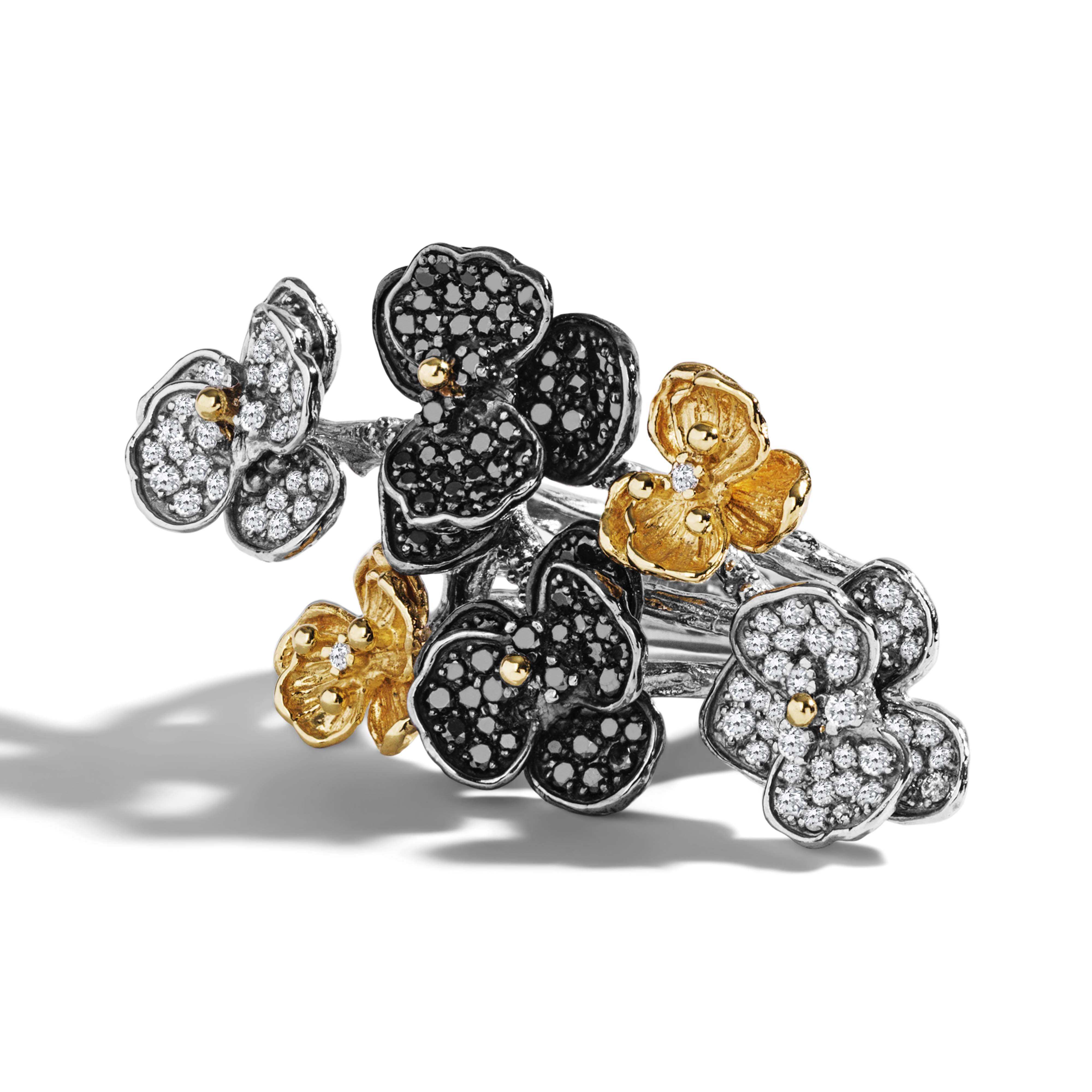 Elegant Orchid Cluster Ring with Black & White Diamonds – Perfect for Weddings, Anniversaries & Special Occasions