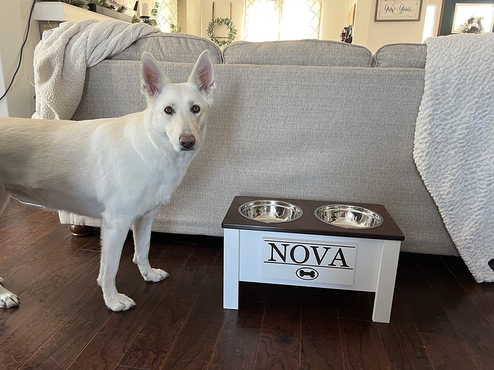 **Personalized Elevated Dog Bowl Stand for All Sizes - Stainless Steel Raised Dog Dish with Storage (Small, Dark Walnut) - Perfect for Large, Medium, Small & X-Small Dogs - Ideal for Home, Kitchen, or Outdoor Use**