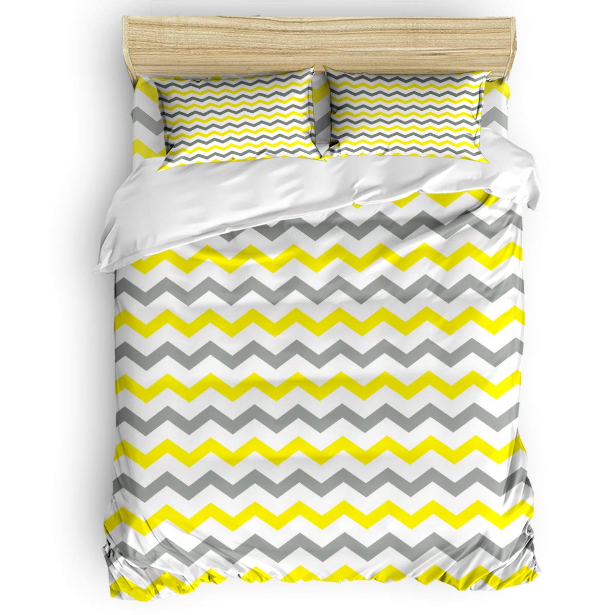 Laibao Home 4-Piece Queen Size Bedding Set - Soft Duvet Cover, Flat Sheet & Pillowcases - Yellow, Gray & White Chevron Print for Kids, Teens & Adults - Perfect for Bedrooms, Dorms & Guest Rooms