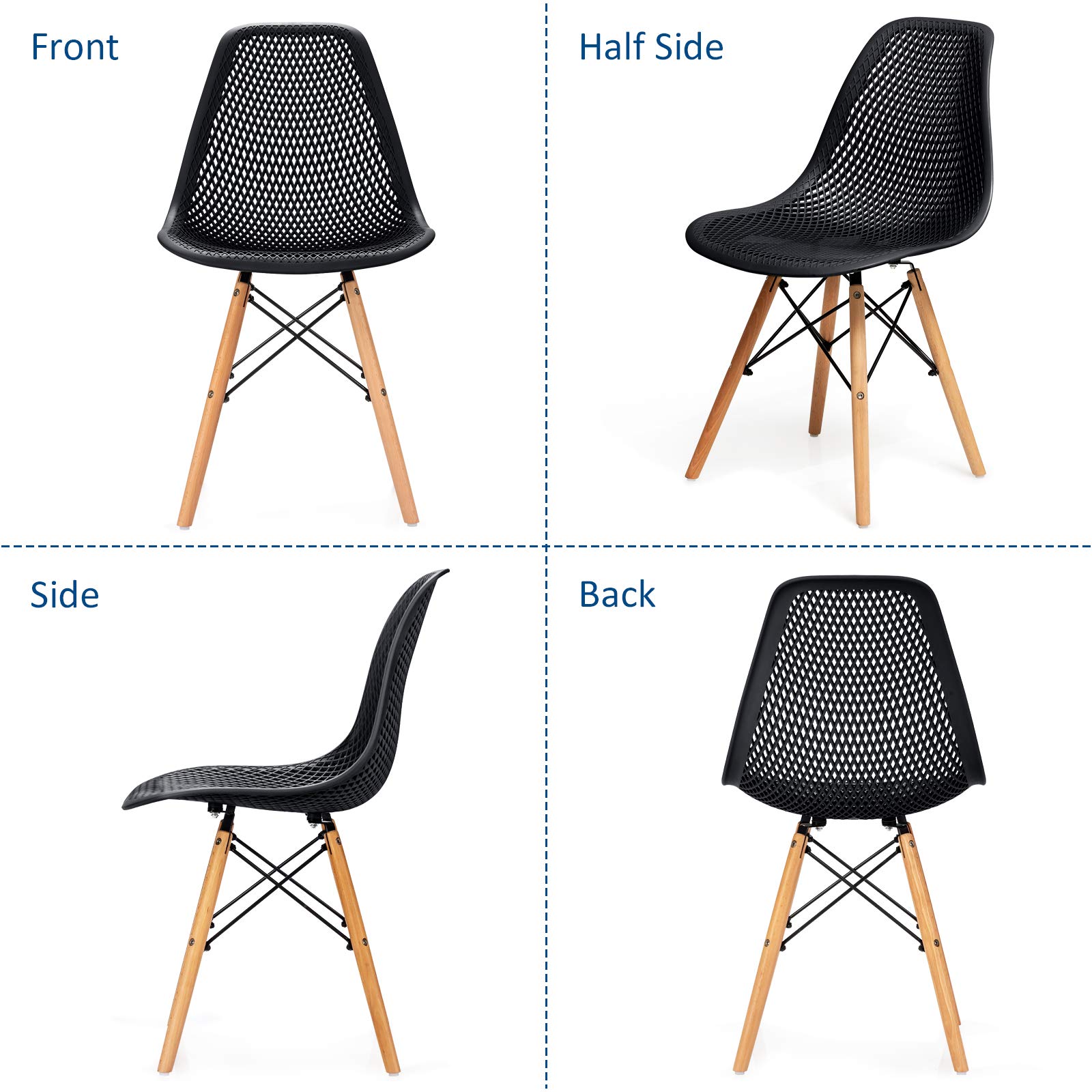 Giantex Set of 4 Modern Dining Chairs - Indoor/Outdoor Shell PP Lounge Side Chairs with Mesh Design & Beech Wood Legs - Tulip Leisure Chairs for Kitchen, Dining Room, Patio, Restaurant - Black
