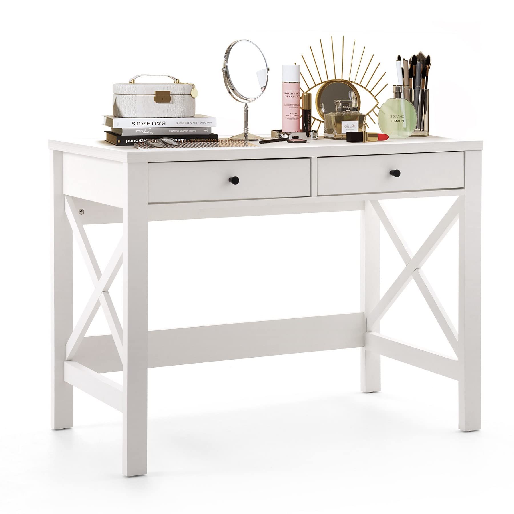 JOINHOM White Study Desk with 2 Drawers - X-Shape Design Home Office Desk, Makeup Vanity Table for Bedroom - Perfect for Small Spaces, Remote Work & Dorm Rooms