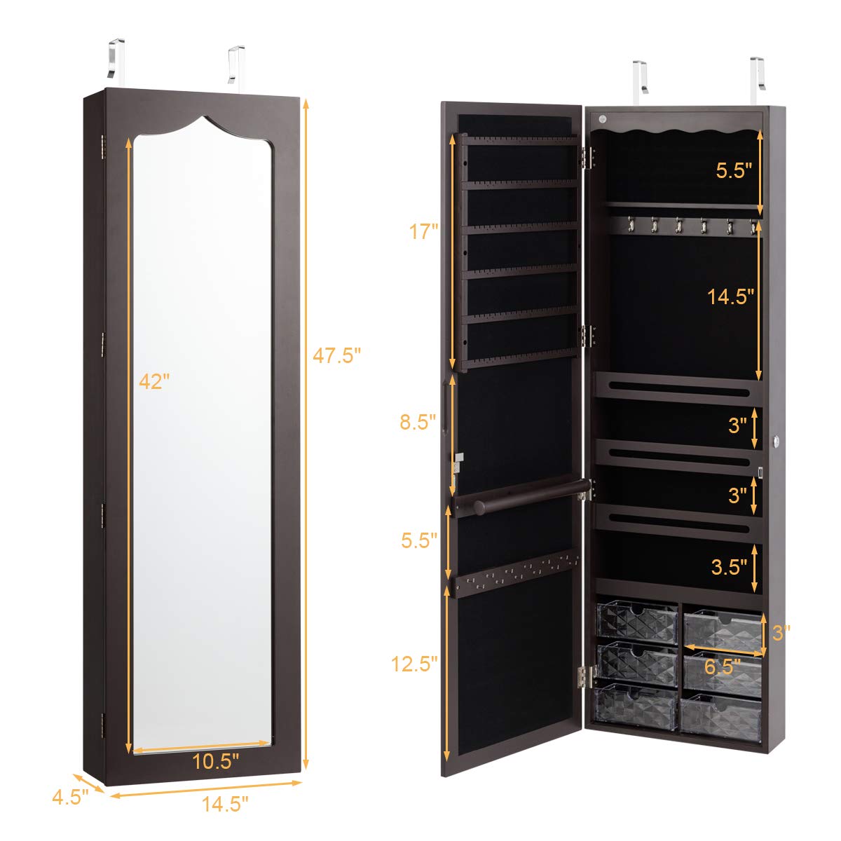 Charmaid Jewelry Cabinet with Mirror & Lights - Large Wall Mount Organizer for Jewelry Storage at Home
