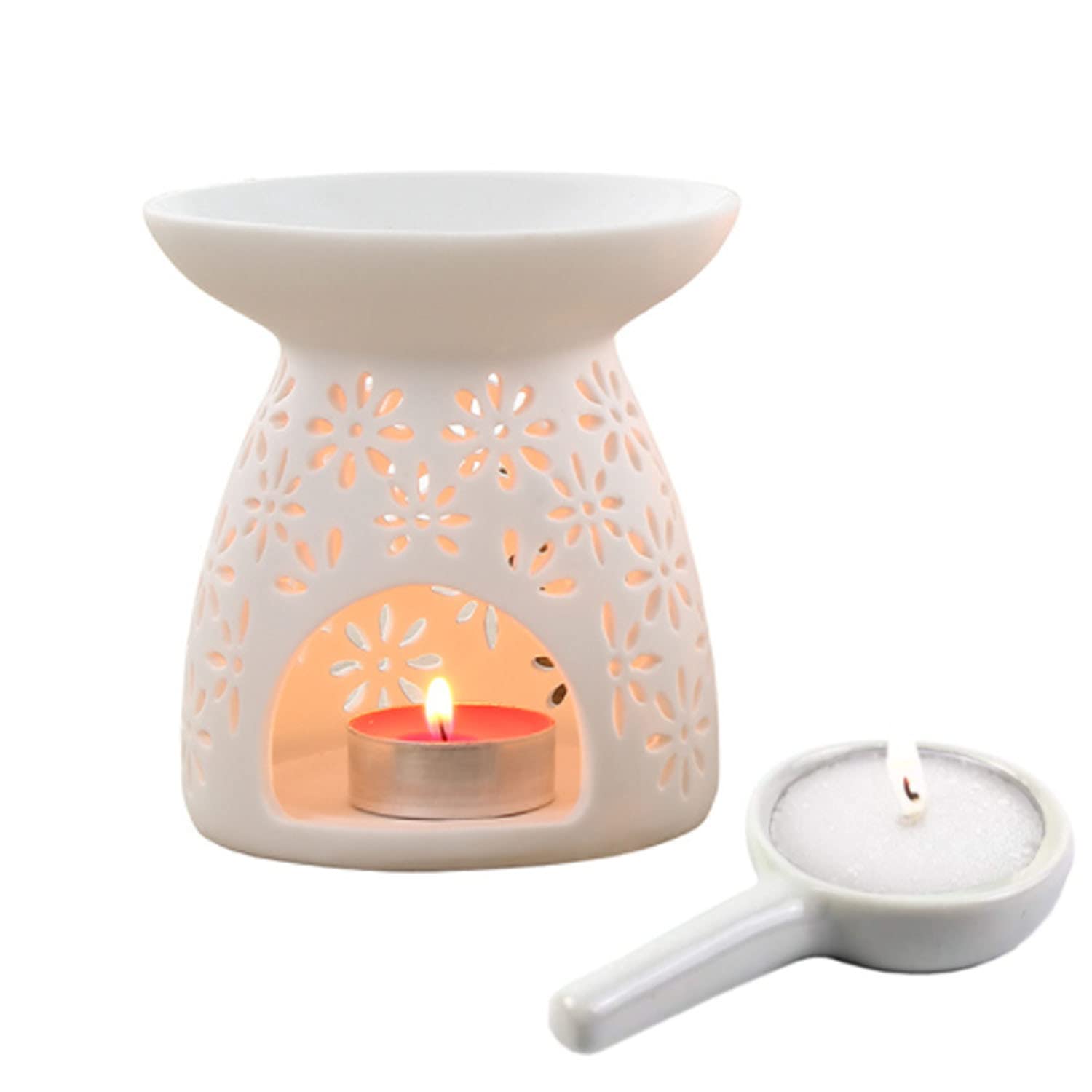 White Ceramic Tealight Candle Holder with Essential Oil Burner & Candle Spoon - Romantic Flower Pattern Aroma Diffuser for Home Decor, Christmas, Housewarming Gifts | Perfect for Relaxation, Spa Nights & Romantic Ambiance
