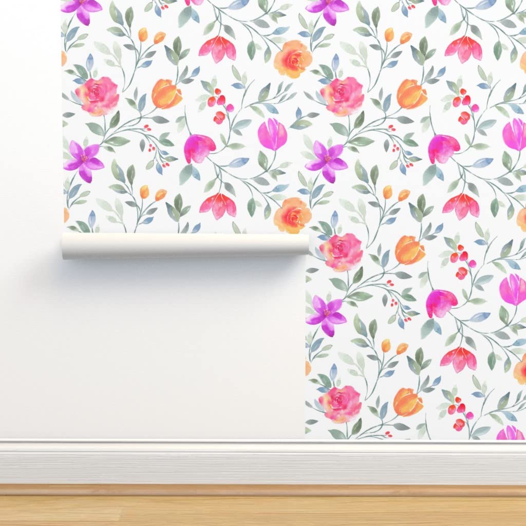 Removable Wallpaper Swatch - Watercolor Floral Design in Yellow, Red, Orange & Fuchsia | Pre-Pasted Peel & Stick Wallpaper by Spoonflower | Perfect for Nursery, Bedroom, or Home Office Decor