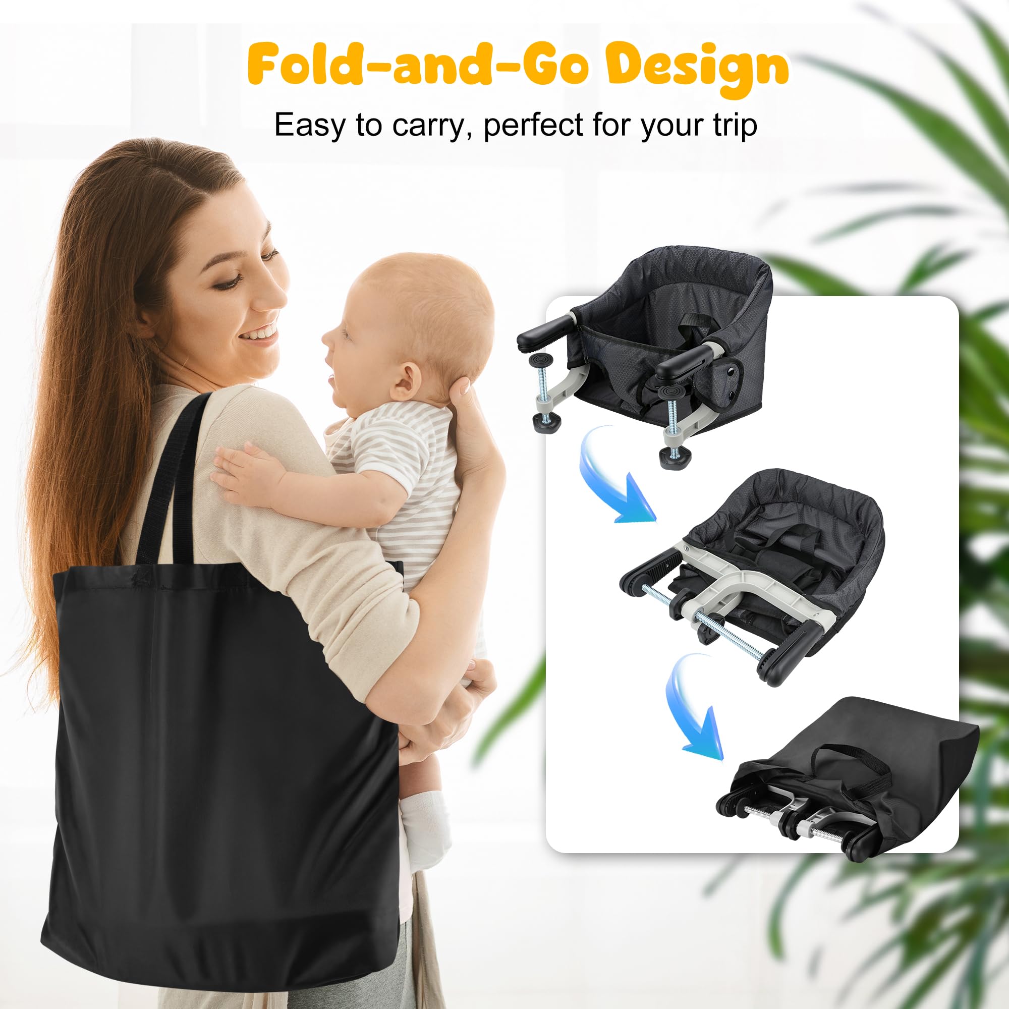 **Hook On Chair - Safe & High Load Baby High Chair with Fold-Flat Storage, Secure Table Clip & Removable Cushion - Portable Travel Dining Chair for Restaurants, Kitchens & Outdoor Use (Black)**
