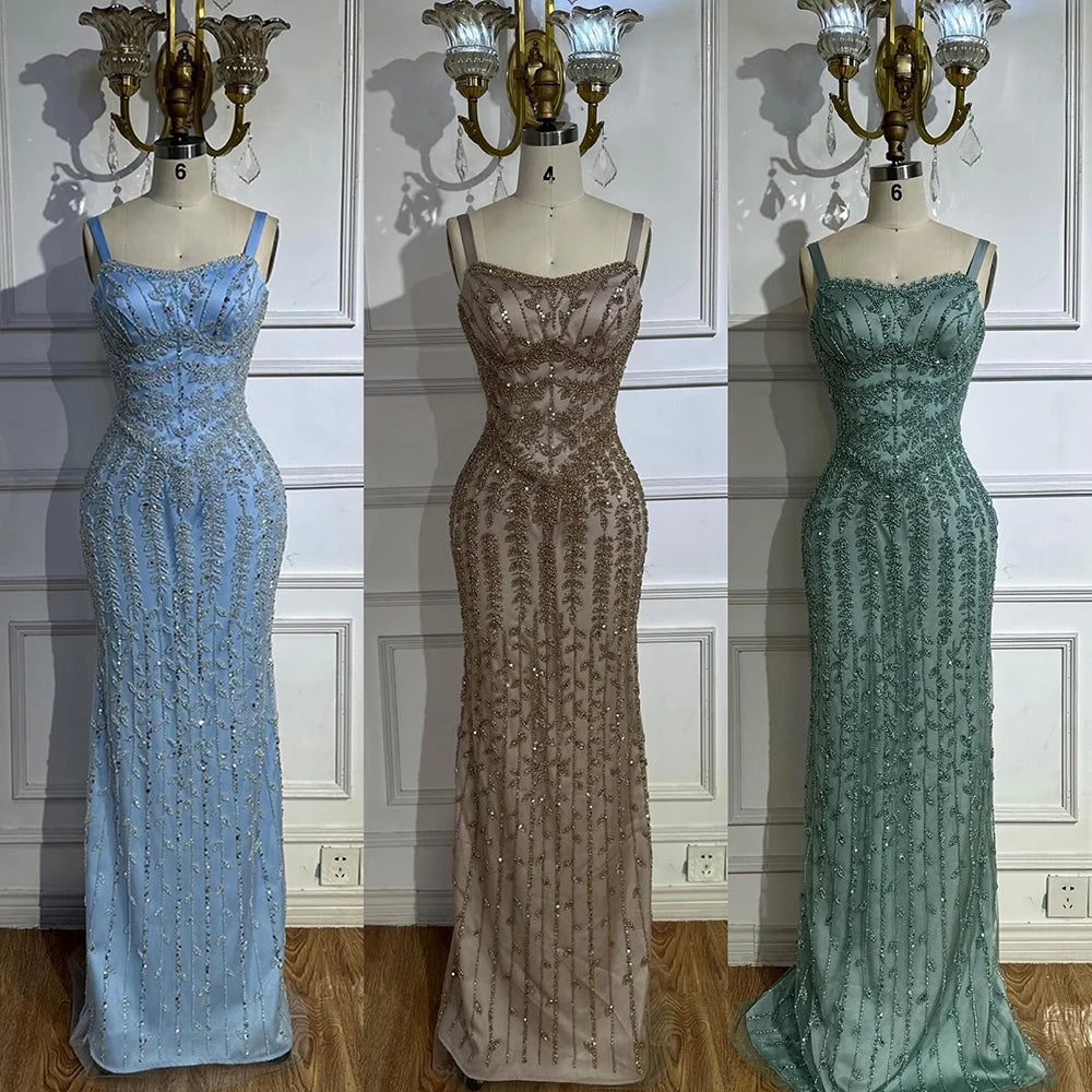 Luxury Dubai Arabic Blue Spaghetti Strap Mermaid Gown - Beaded Saudi Evening Dress for Formal Occasions, Weddings, Prom & Special Events LA72725