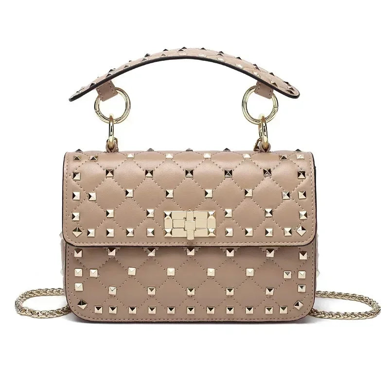 Luxury Women's Sheepskin Leather Handbag with Rivet & Chain Strap - Designer Shoulder Bag & Messenger Purse for Work, Travel & Evening Out