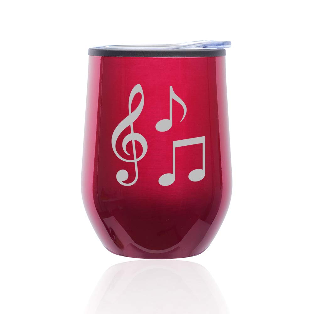 Stemless Wine Tumbler with Lid - 16oz Insulated Glass Coffee Travel Mug for Hot & Cold Drinks - Elegant Music Note Design in Fuchsia - Perfect for Home, Office, Picnics & Gifts