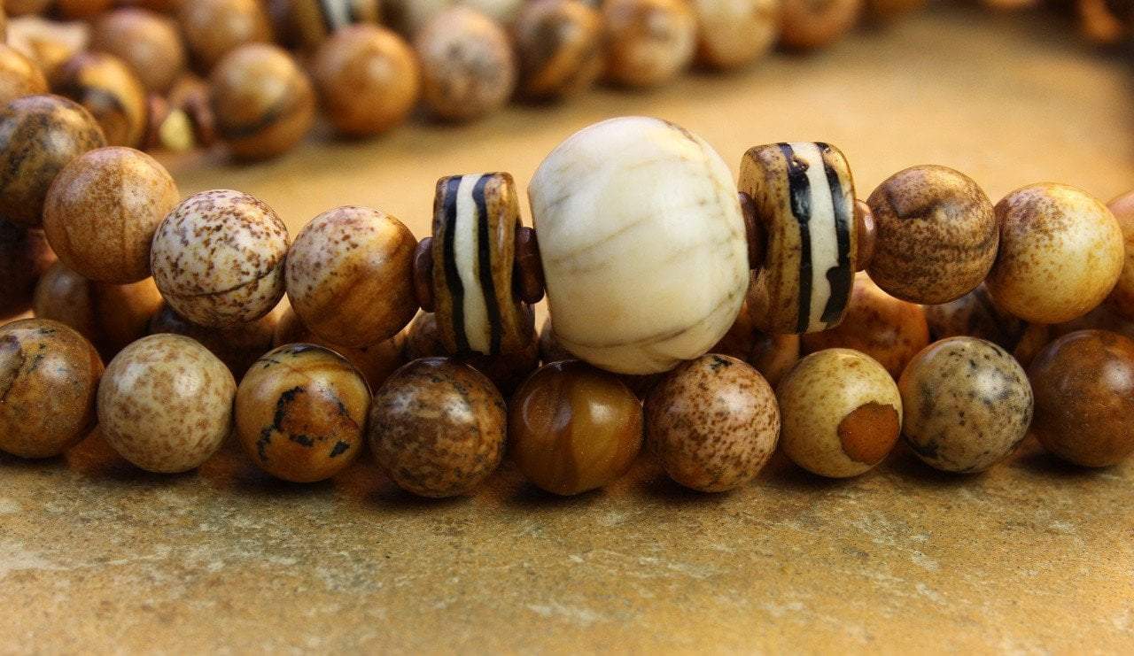 Grounding Energy Mala Beads with Natural Picture Jasper Stone - Meditation, Yoga & Spiritual Healing Jewelry for Stress Relief & Chakra Balancing