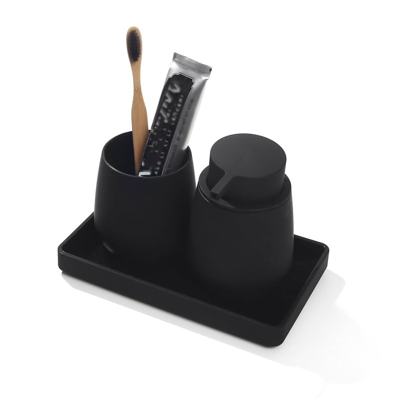 HBJWOV Bathroom Organizer Set - 6-Piece Toiletry Storage Tray with Hand Sanitizer Bottle & Scrubbing Brush | Modern Bathroom Decor for Countertop Organization | Perfect for Guest Bathrooms, Master Suites & Apartment Vanities