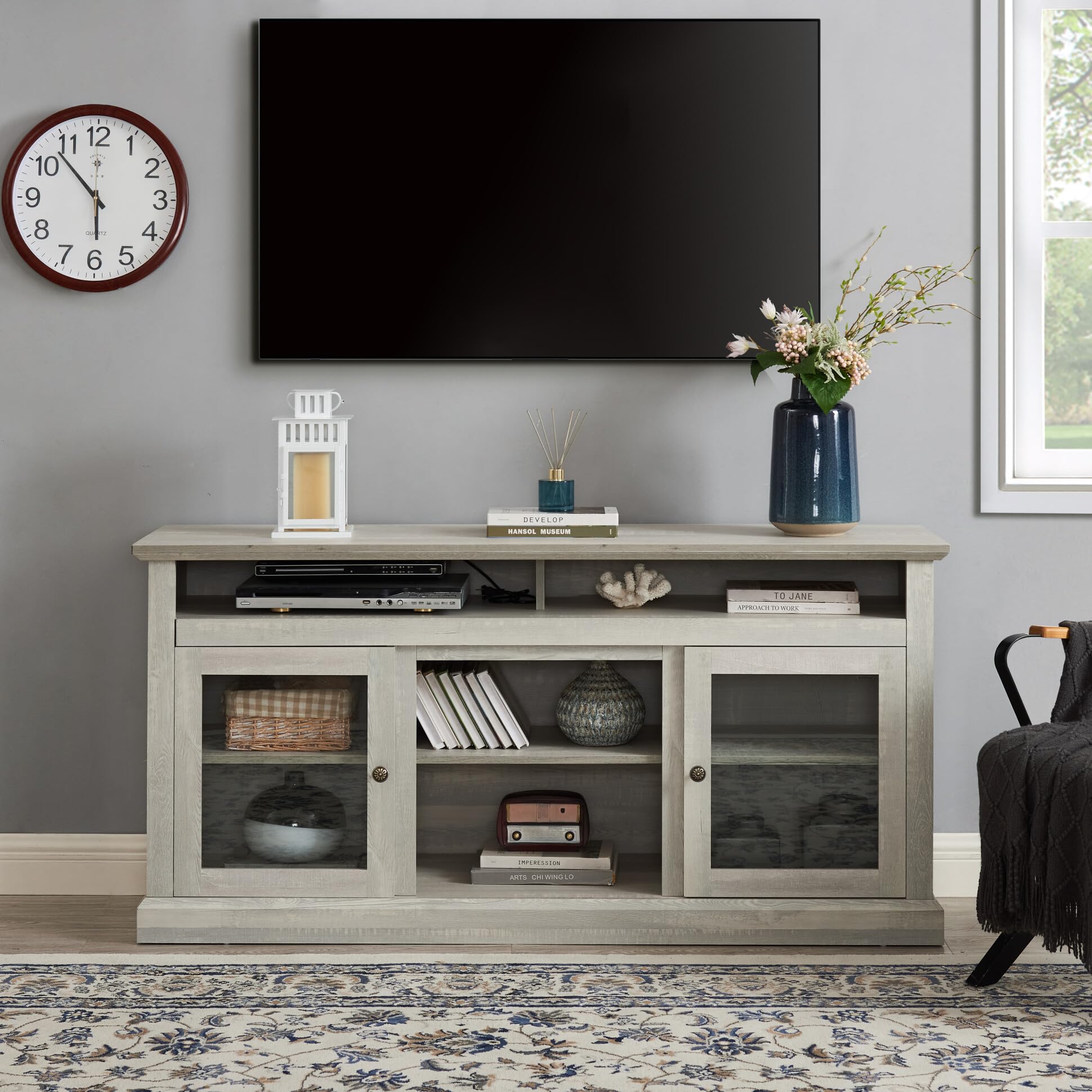 TRIPLE TREE Modern TV Stand for 65 Inch TVs - Contemporary Entertainment Center with Open & Closed Storage, Stone Gray TV Console for Living Room & Bedroom - Perfect for Home Theater Setup & Media Organization