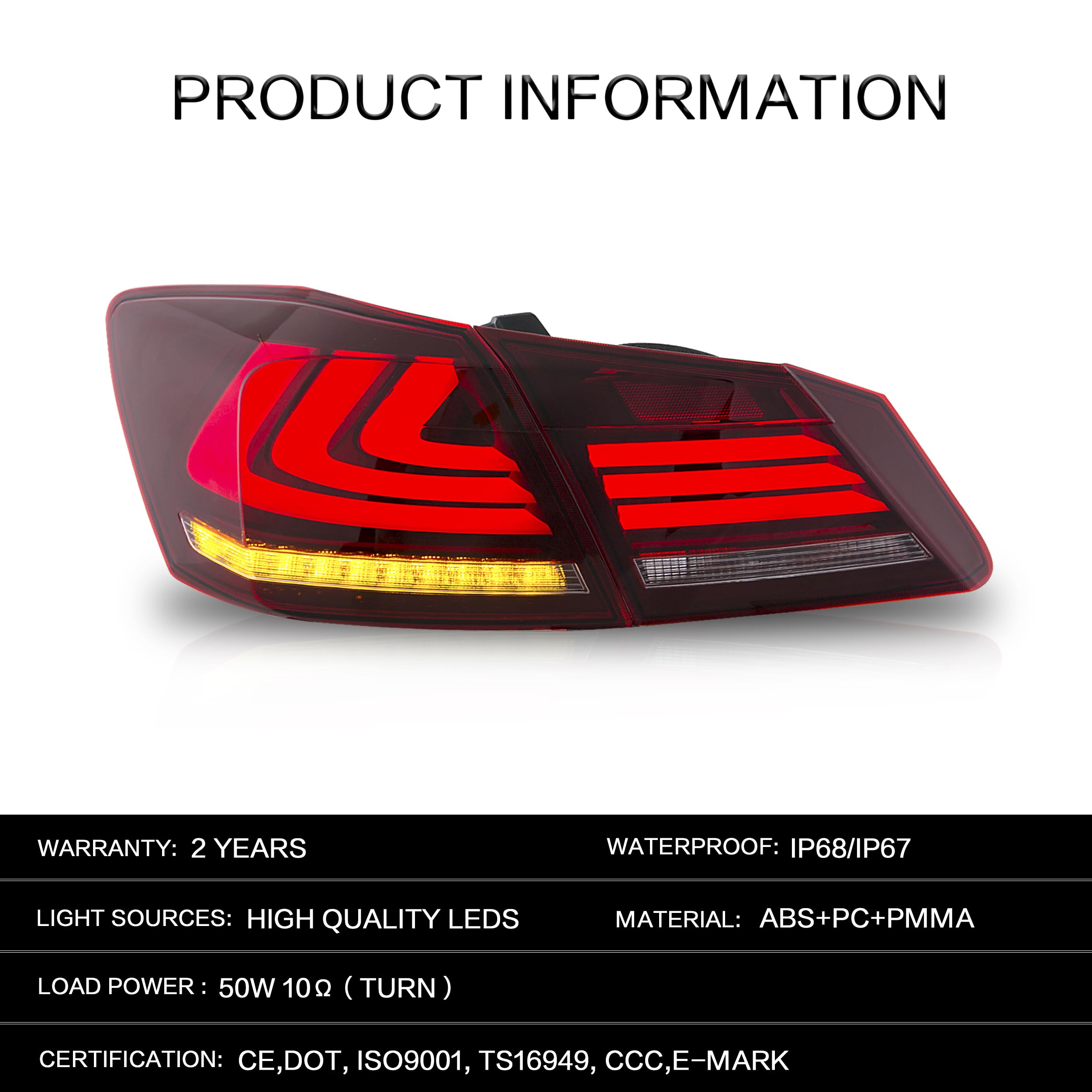 VLAND LED Tail Lights Assembly Compatible with 2013-2015 Honda Accord (Excludes LX, Sport Sedan & Touring Models) - Upgrade Your Car's Rear Lighting for Enhanced Safety & Style