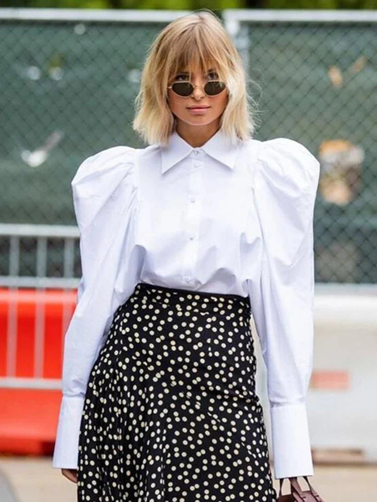 DEAT Fashion Women's Long Sleeve Puff Sleeve Lapel Single Breasted White Cotton Blouse - Elegant Office Wear & Autumn Casual Shirt for Women (Style 7AB1171) | Perfect for Work, Dating and Fall Outfits