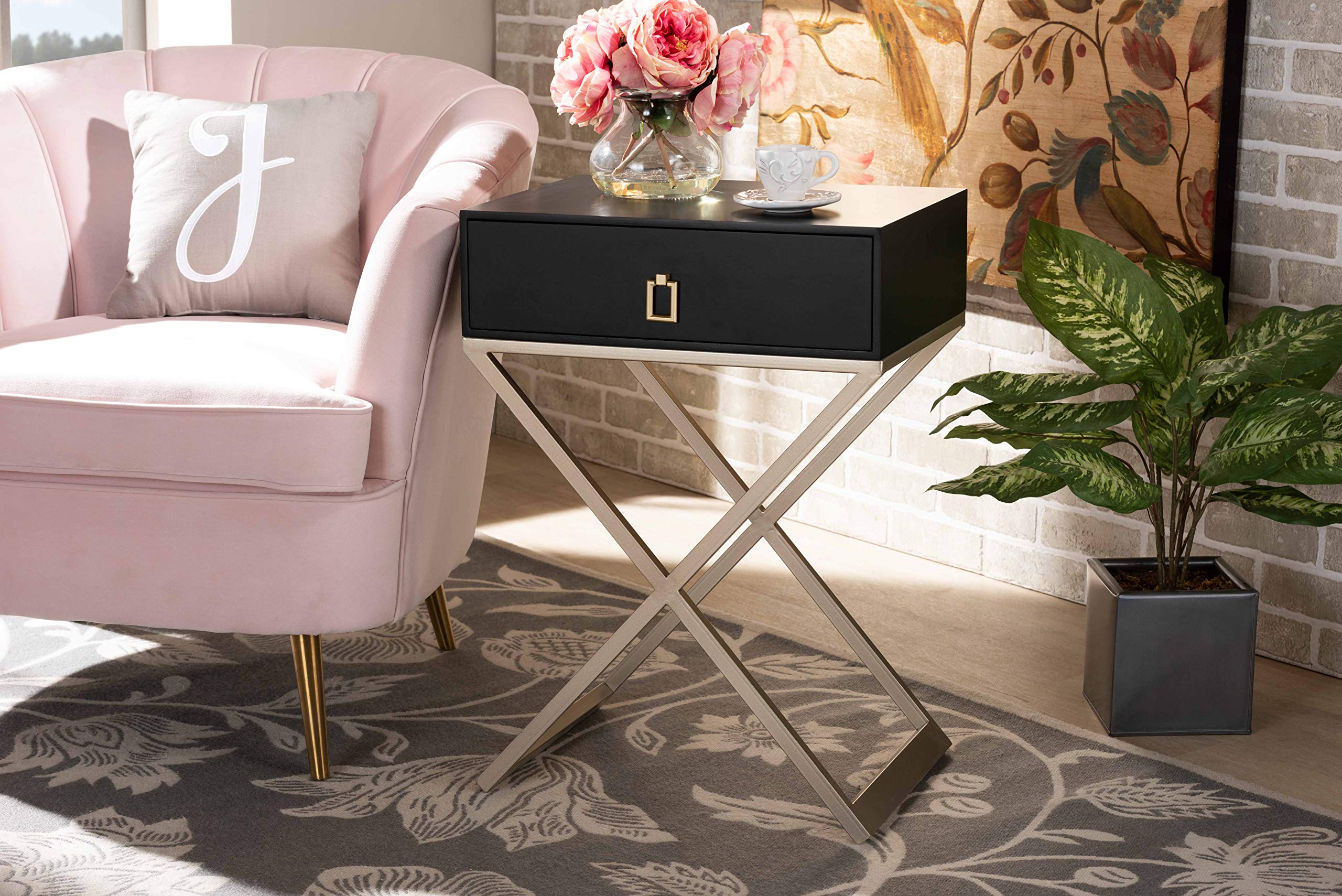 Baxton Studio Modern Nightstand with Drawer - Black, Brass & Gold Finish Bedside Table for Bedroom, Living Room & Guest Room