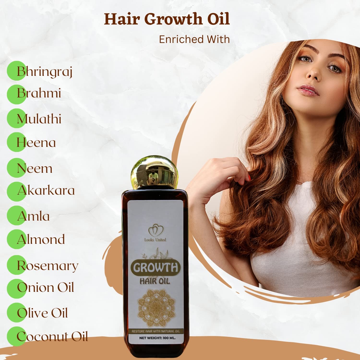 Looks United Hair Growth Oil with Bhringraj, Amla, Almond & Onion - 2 Pack (100ml Each) | Natural Hair Treatment for Thicker, Longer & Healthier Hair | Perfect for Daily Scalp Massage & Hair Care Routine