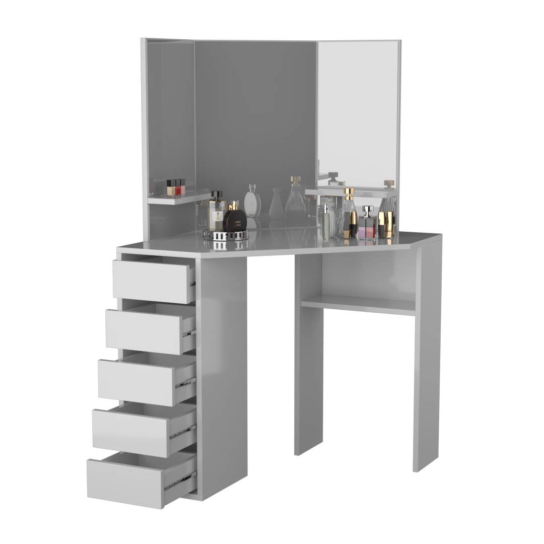 Victoria White Corner Makeup Vanity Table with 3 Mirrors & 5 Drawers - Elegant Dressing Table for Bedroom, Perfect for Makeup Application, Skincare Routine & Jewelry Organization