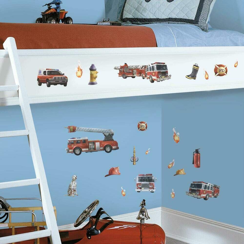 RoomMates RMK1125SCS Fire Brigade Peel and Stick Wall Decals - Red - Easy to Apply Removable Wall Stickers for Kids' Bedroom, Nursery, Playroom Decor
