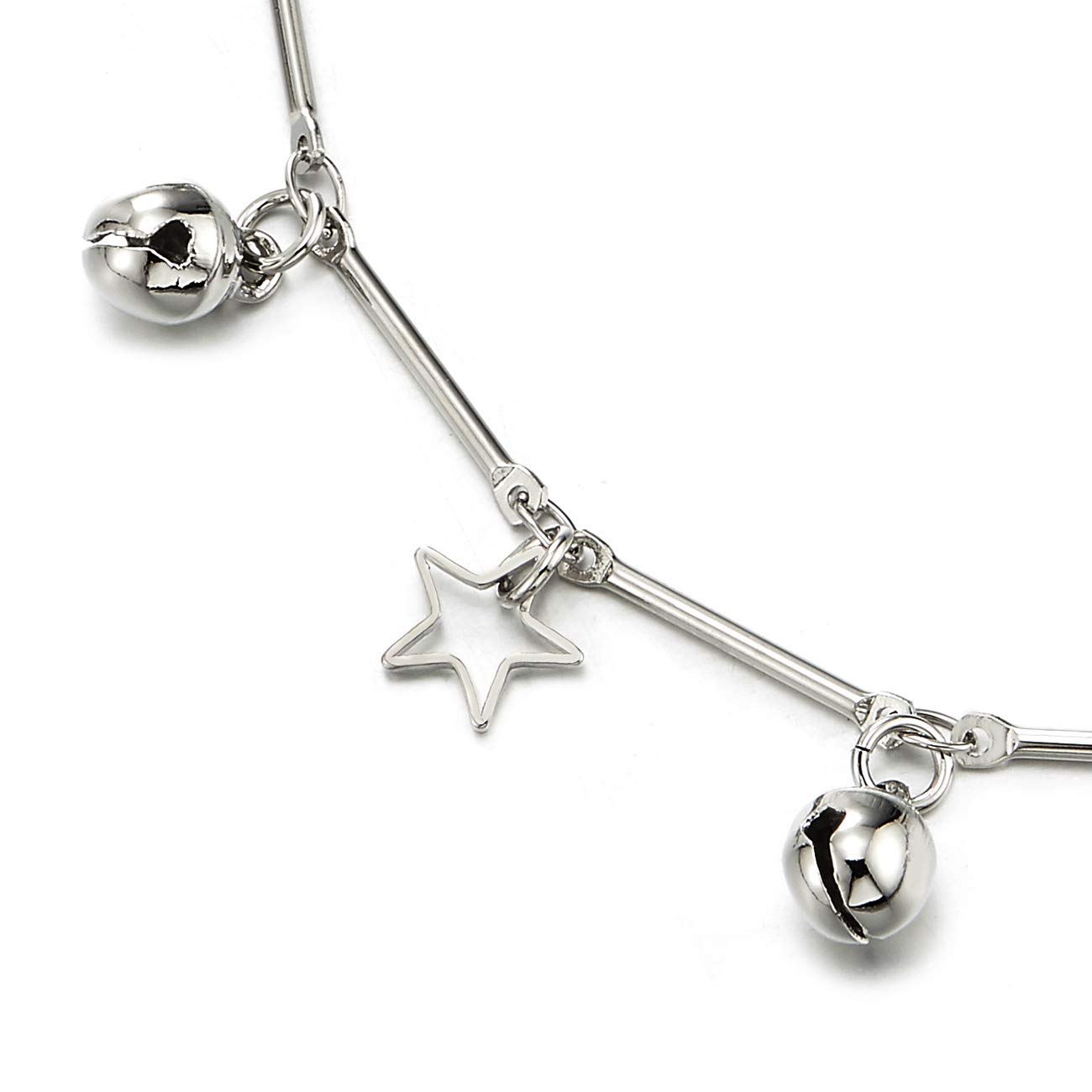 COOLSTEELANDBEYOND Adjustable Anklet Bracelet with Dangling Open Pentagram Star & Jingle Bell Charms - Perfect for Boho Fashion, Music Festivals & Everyday Layering