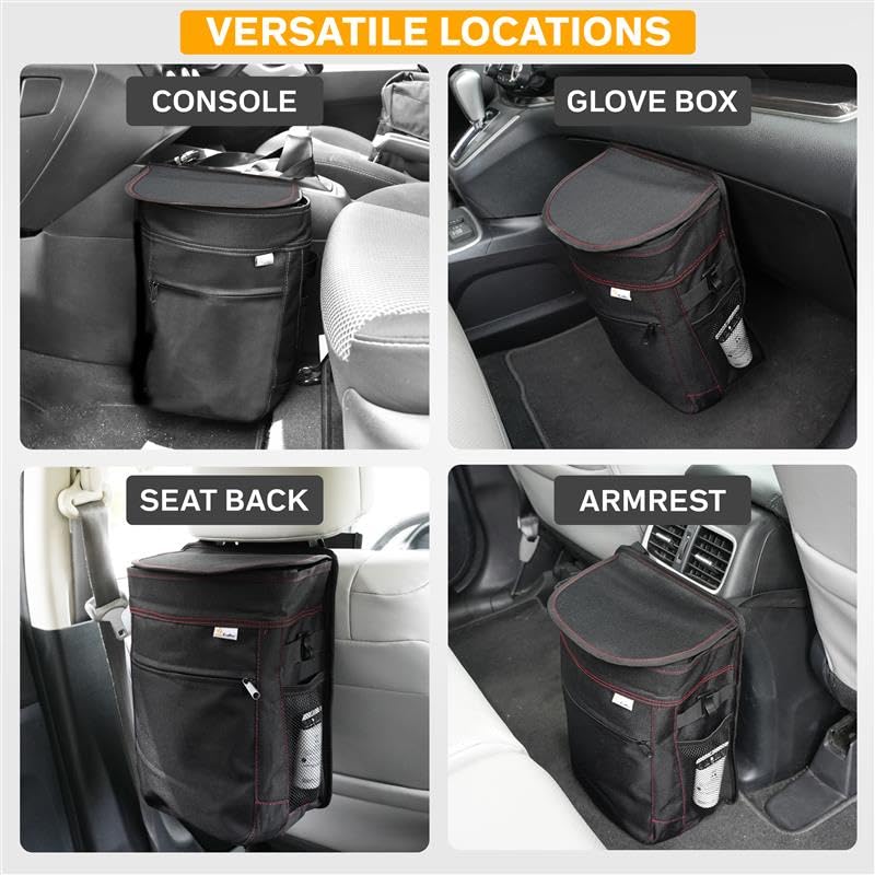 EcoNour Waterproof Hanging Car Trash Can with Lid & Storage Pockets - Removable Inner Bag for Easy Cleaning - Perfect for SUVs, Trucks, Vans & Road Trips | Keep Your Vehicle Clean & Organized | Black