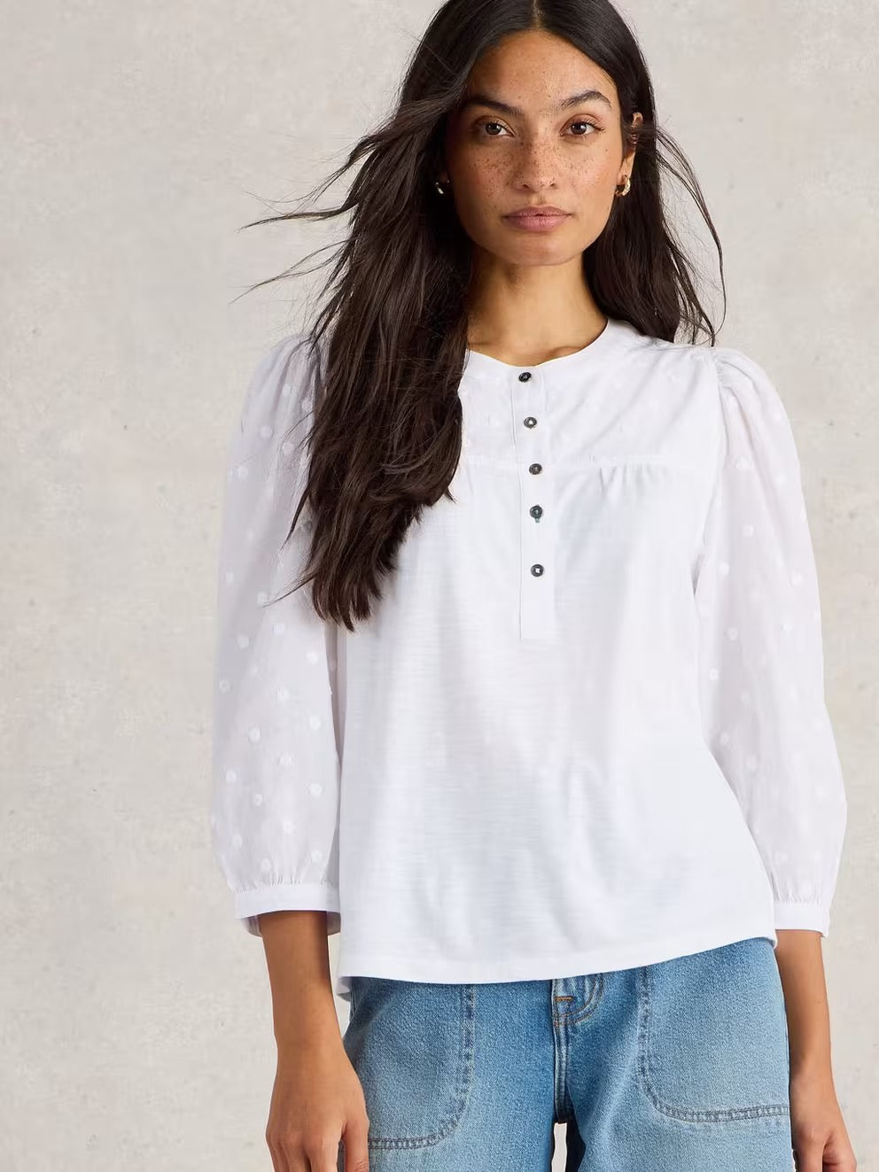 Elise Dobby Mix Top Women's Fashion Blouse - Pale Ivory | Elegant Casual Wear for Office, Date Night & Spring Outfits