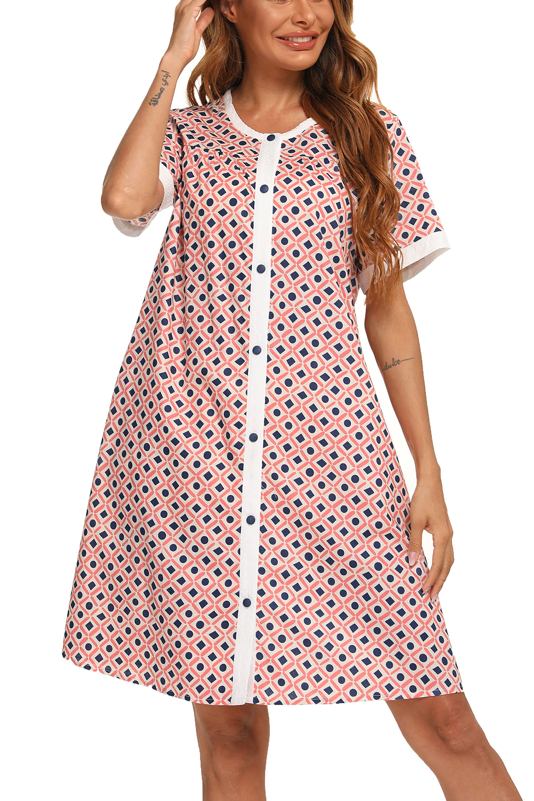 YOZLY Women's Short Sleeve House Dress with Pockets - Comfortable Cotton Duster Robe & Nightgown for Lounge Wear, Morning Coffee, and Relaxing at Home