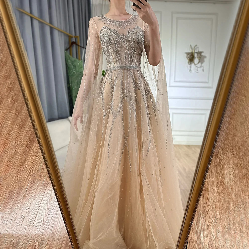 Elegant Nude Blue Beaded Long A-Line Arabic Evening Dress with Cape Sleeves for Dubai Luxury Formal Occasions - LA72785 | Perfect for Weddings, Galas, and Special Events