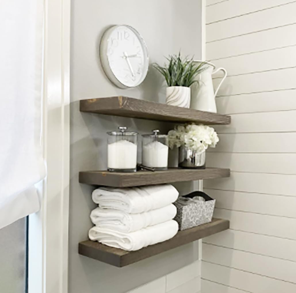 Joel's Antiques - 36 Inch Natural Wood Floating Shelves for Wall | Heavy Duty Rustic Wall Shelves (36x12x2 Inches) | Perfect for Bedroom, Living Room & Kitchen Decor | Gray Wooden Shelves for Books, Plants & Home Organization