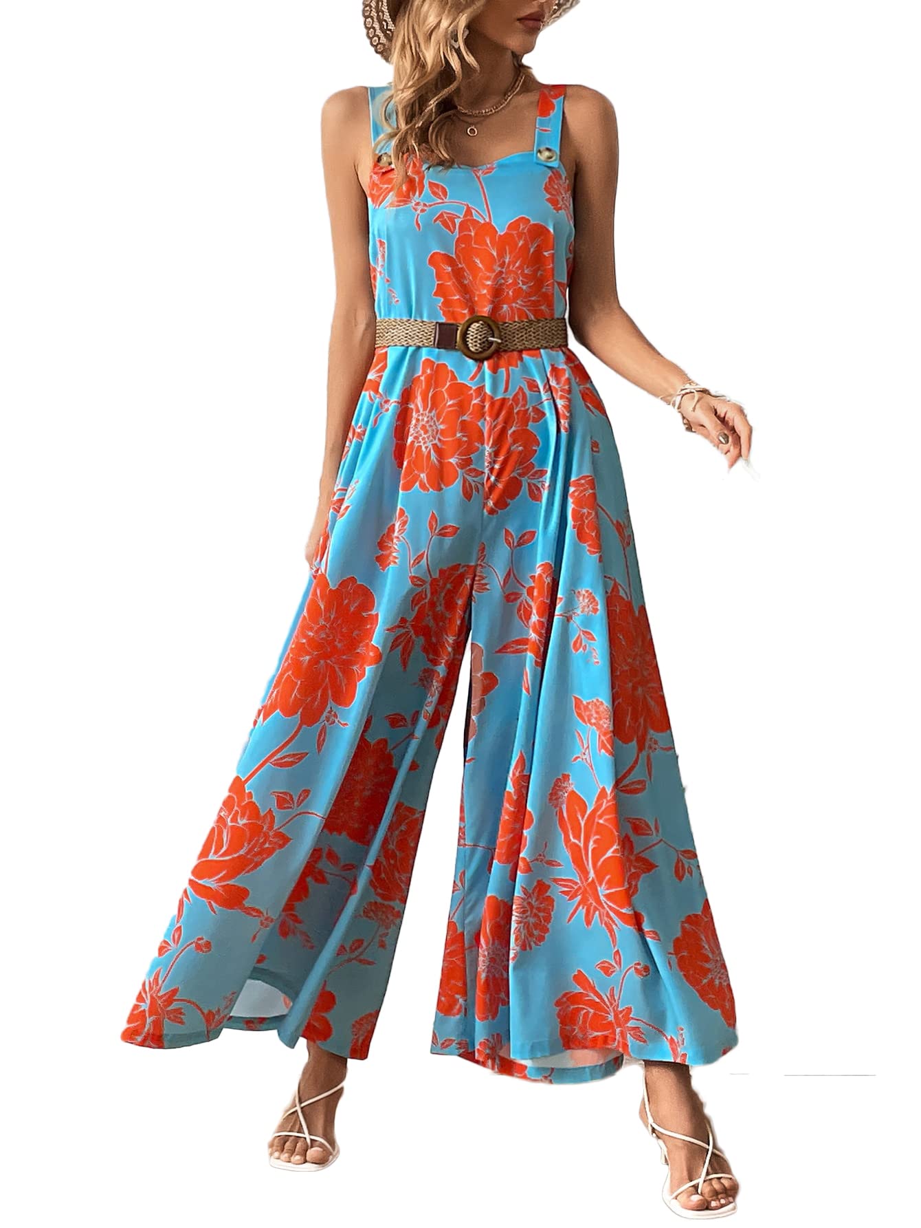 Verdusa Women's Floral Print Loose Wide Leg Jumpsuit Romper - Sleeveless Baggy Overalls for Summer Casual Wear, Beach Vacation & Boho Outfits