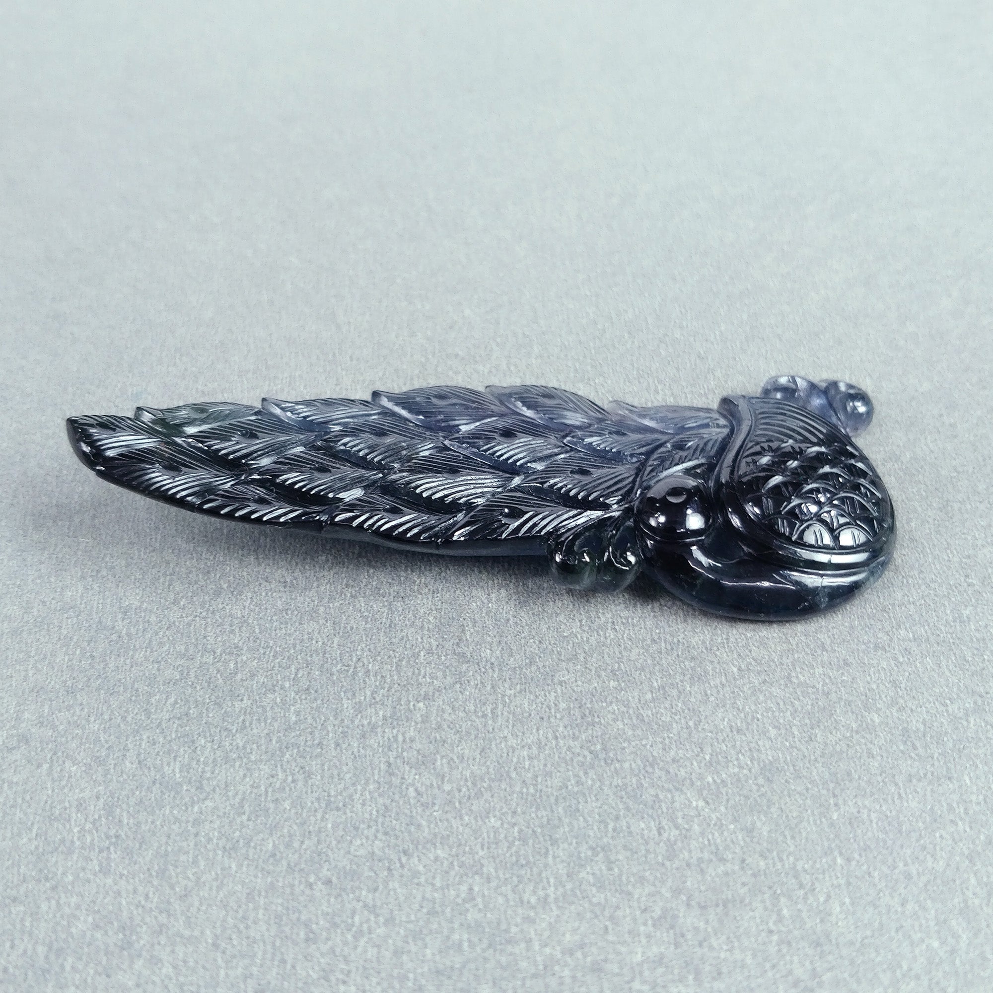 93.00cts Natural Untreated Green Tourmaline Gemstone - Hand Carved Peacock Sculpture 75x28x7mm - Unique Collector's Item for Home Decor, Meditation & Crystal Healing